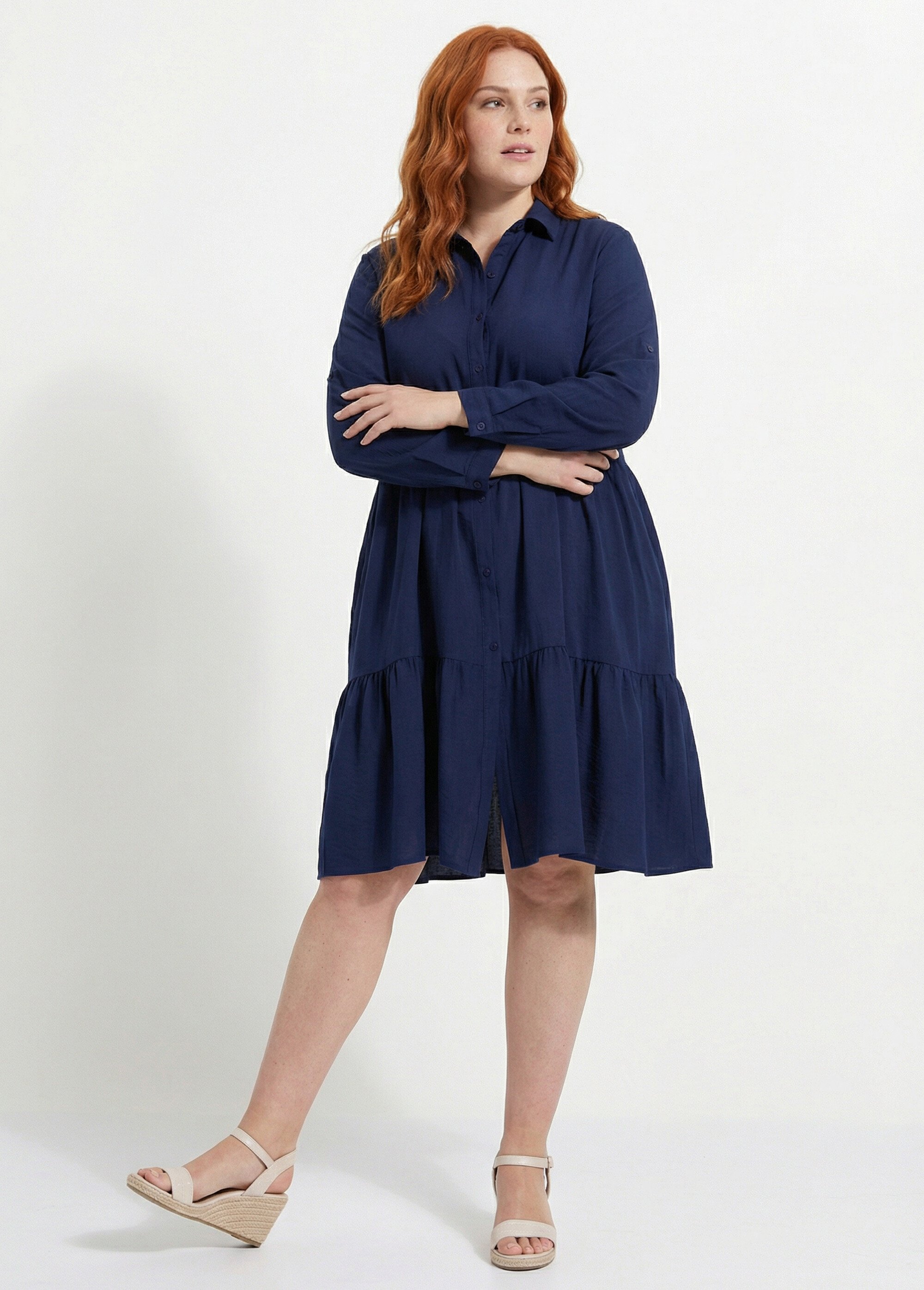 Robe chemisier volantée, inspiration folk Femme Grande Taille Bleu CHY-R543-2 MV1
