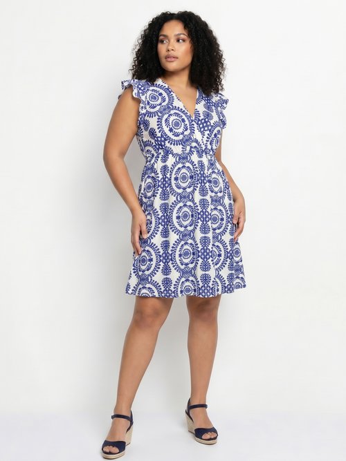 Robe courte cache cœur, volants épaules Femme Grande Taille Bleu MA-438-2076 MV1