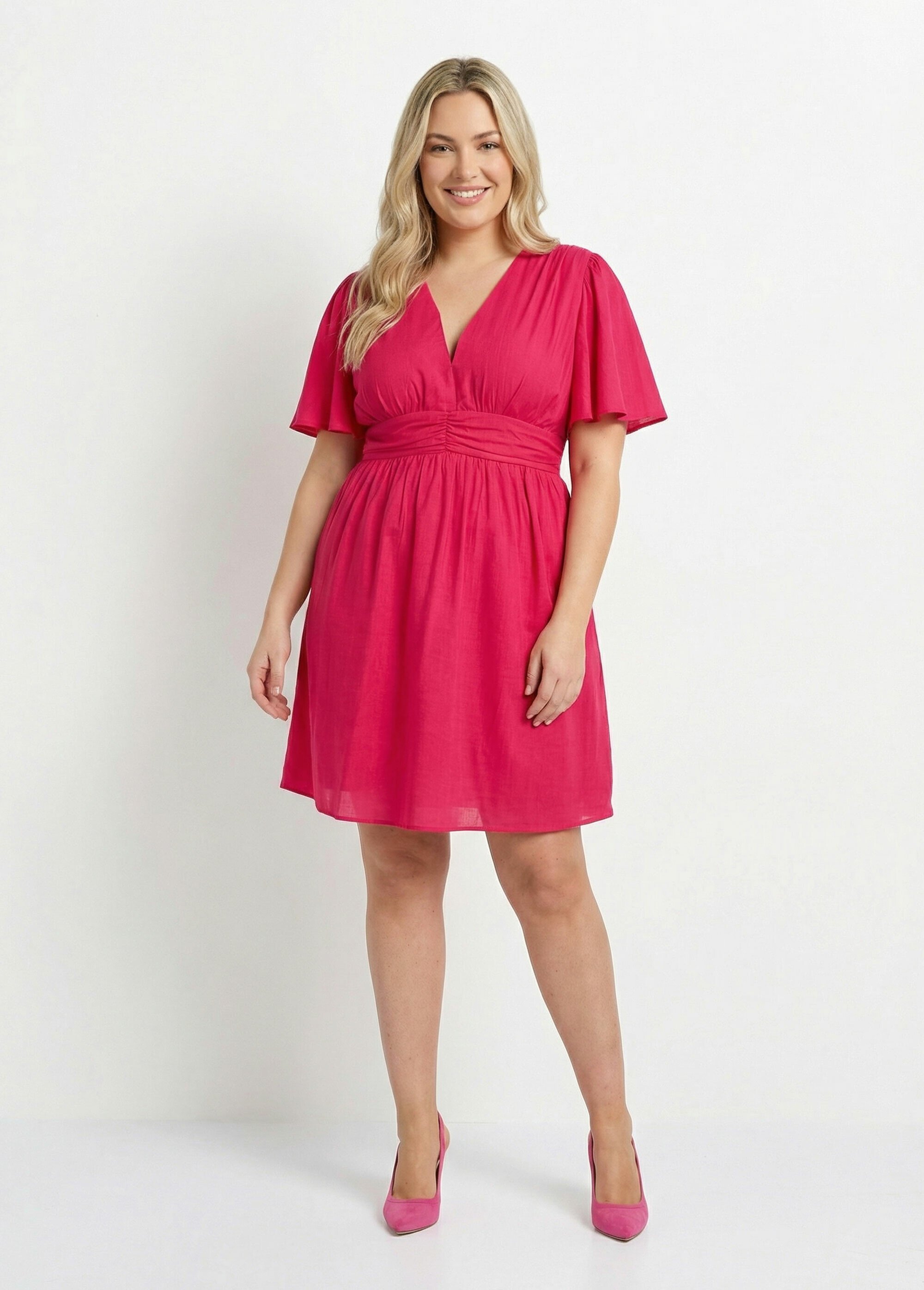 Robe courte taille empire, manches kimono Femme Grande Taille Rose MAE-1163-5-1539 FA1