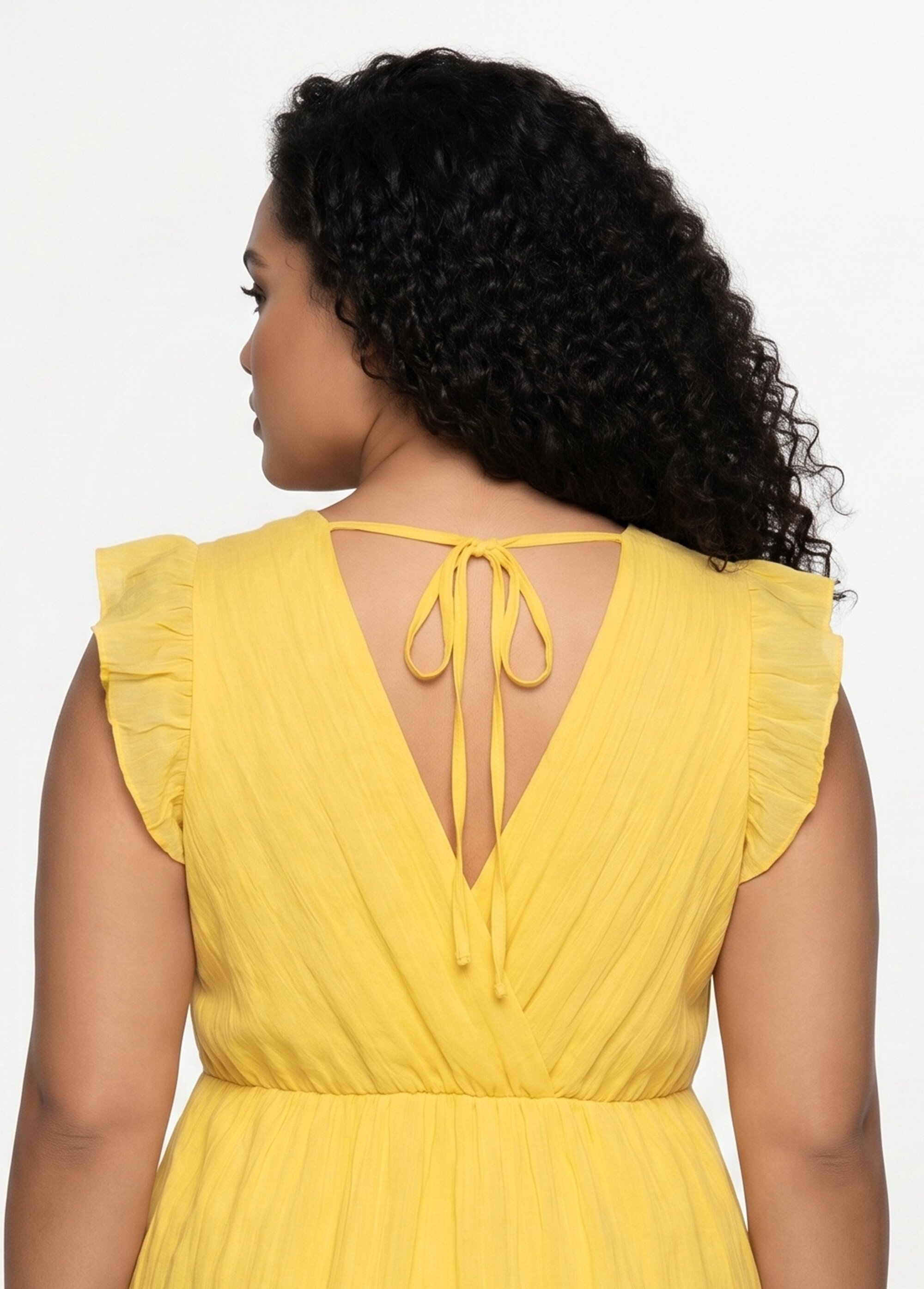 Robe courte volantée col V sans manches Femme Grande Taille Jaune MA-438-2378 DE2