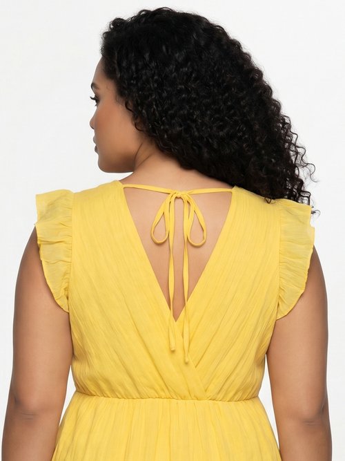 Robe courte volantée col V sans manches Femme Grande Taille Jaune MA-438-2378 DE2