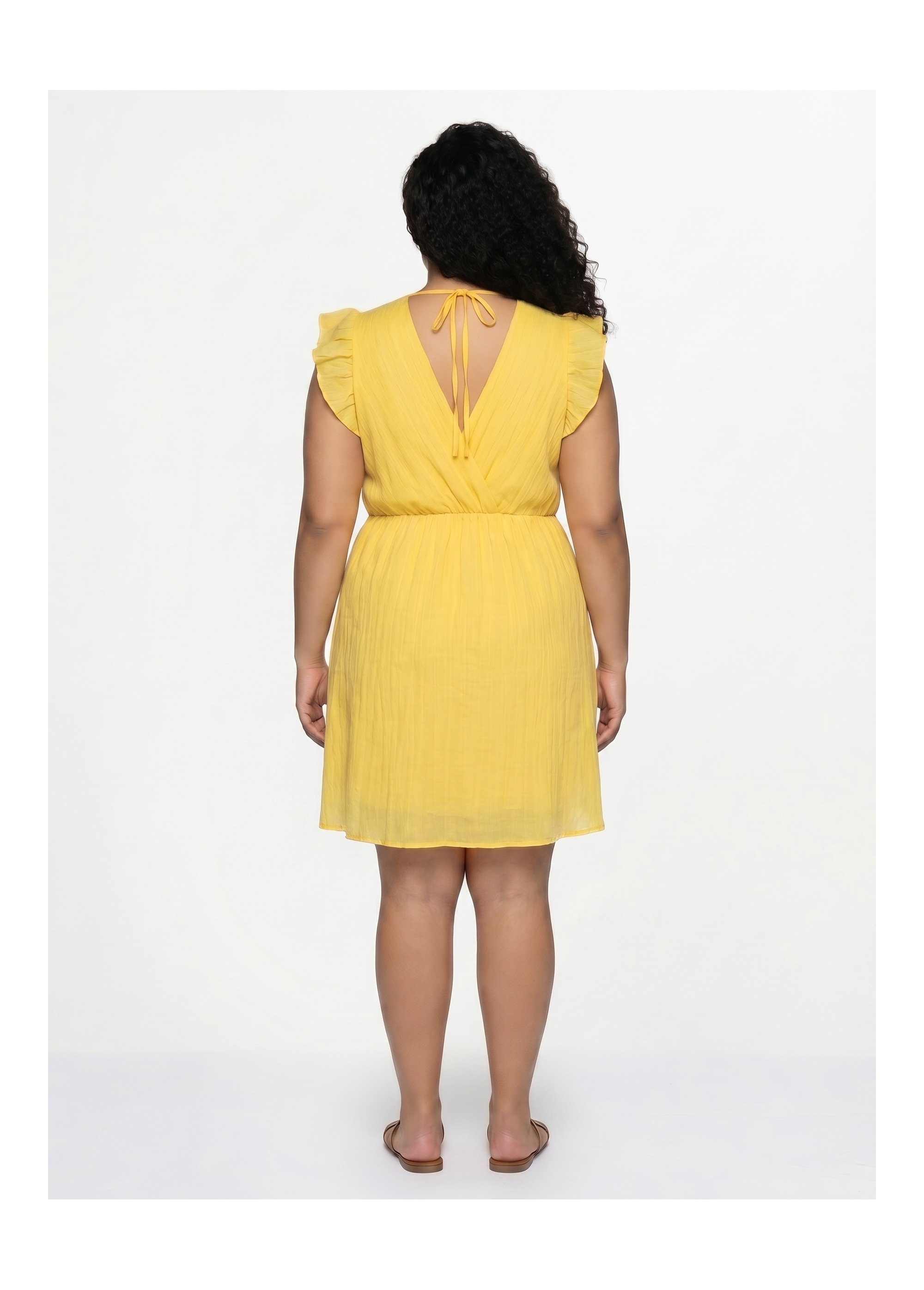 Robe courte volantée col V sans manches Femme Grande Taille Jaune MA-438-2378 DO1