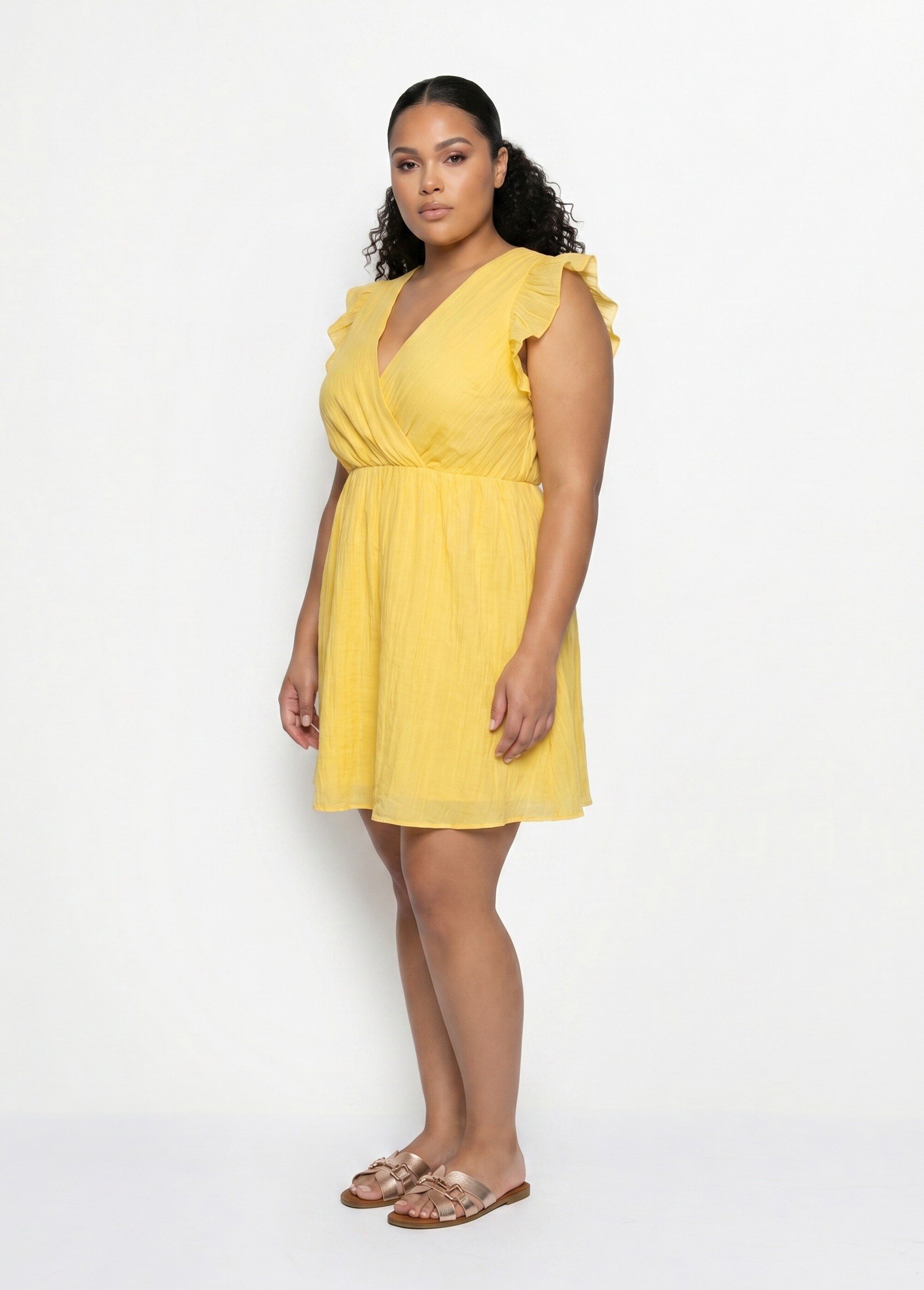 Robe courte volantée col V sans manches Femme Grande Taille Jaune MA-438-2378 FA1