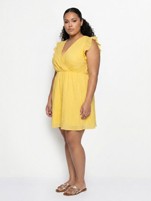 Robe courte volantée col V sans manches Femme Grande Taille Jaune MA-438-2378 FA1