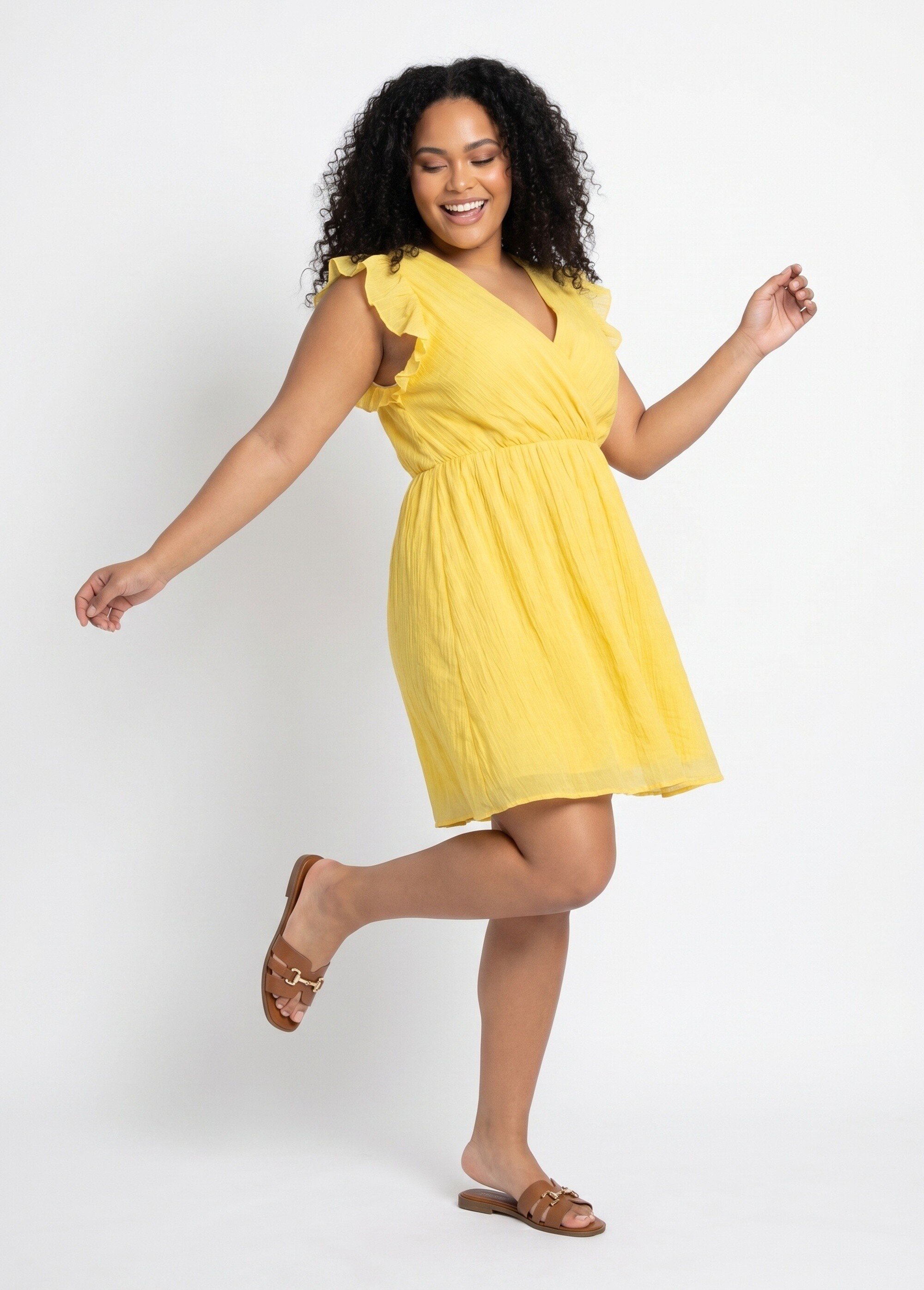 Robe courte volantée col V sans manches Femme Grande Taille Jaune MA-438-2378 MV1