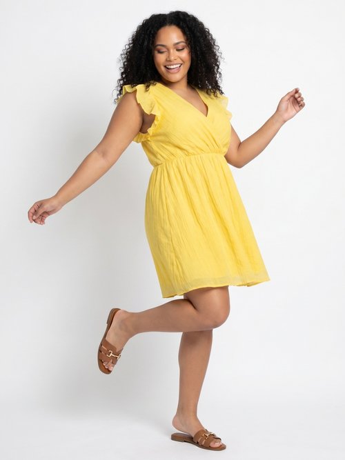 Robe courte volantée col V sans manches Femme Grande Taille Jaune MA-438-2378 MV1