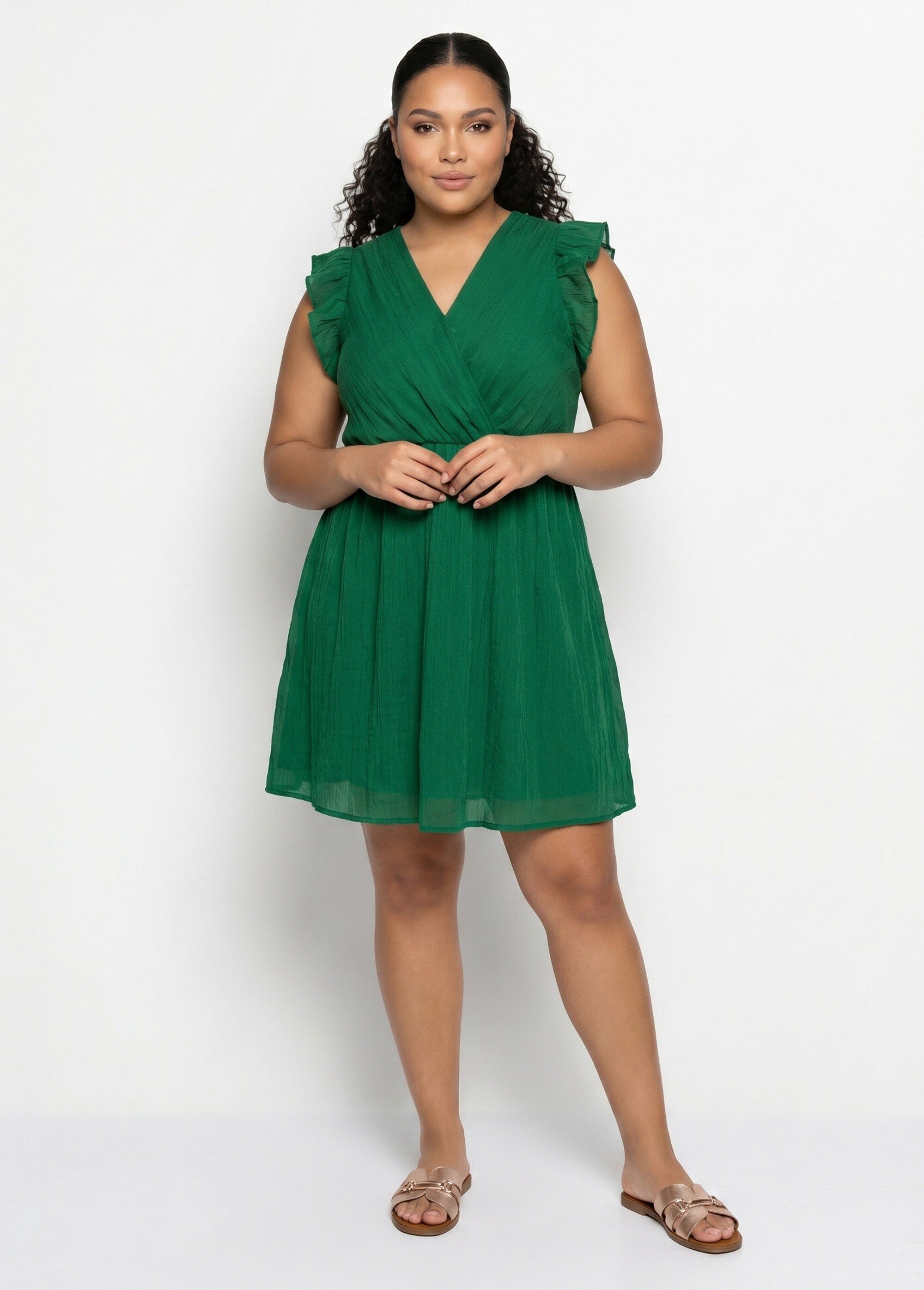 Robe courte volantée col V sans manches Femme Grande Taille Vert MA-438-2378 FA1