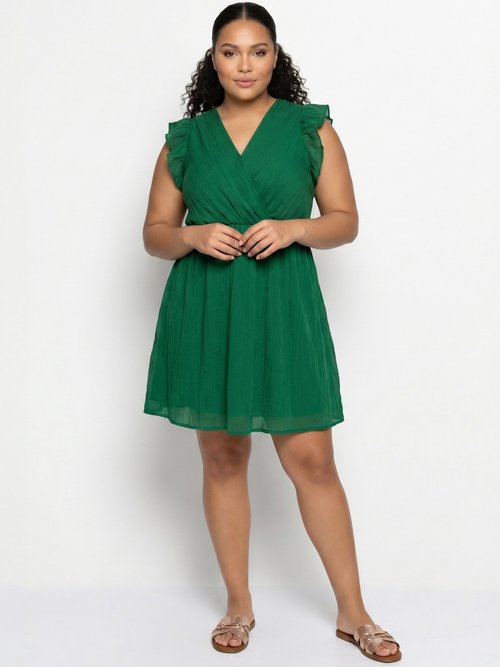 Robe courte volantée col V sans manches Femme Grande Taille Vert MA-438-2378 FA1