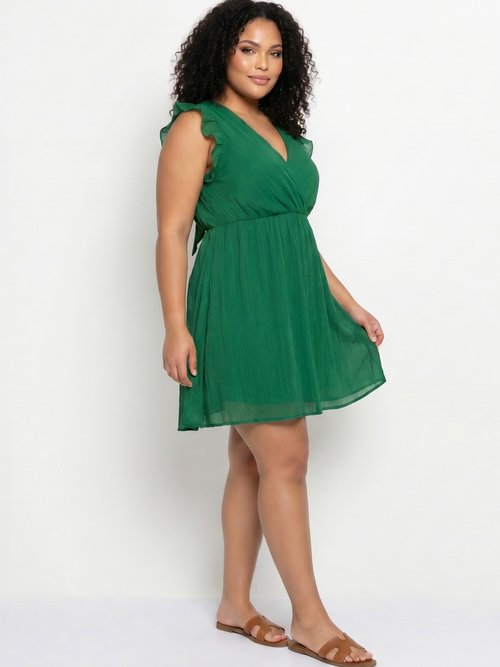 Robe courte volantée col V sans manches Femme Grande Taille Vert MA-438-2378 MV1
