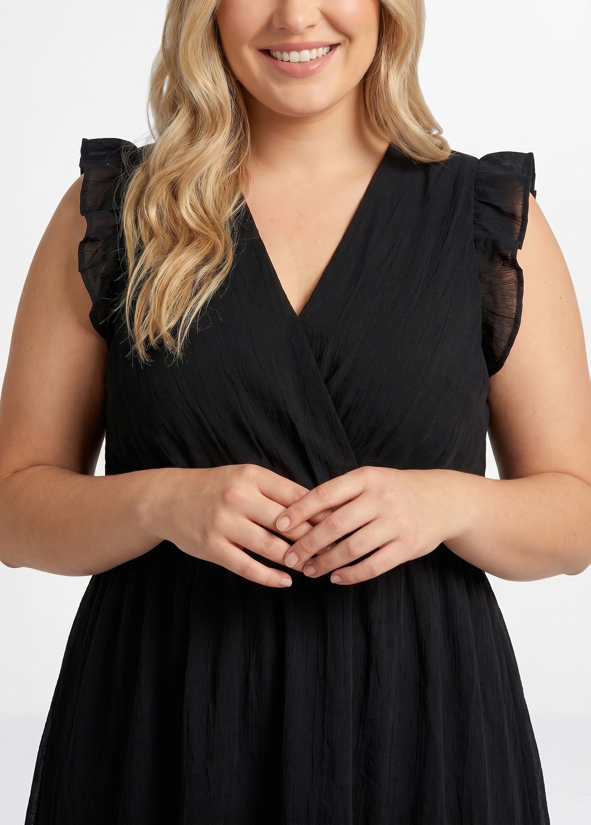 Robe courte volantée col V sans manches Femme Grande Taille Noir MA-438-2378 DE2