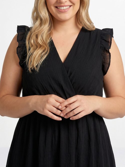 Robe courte volantée col V sans manches Femme Grande Taille Noir MA-438-2378 DE2