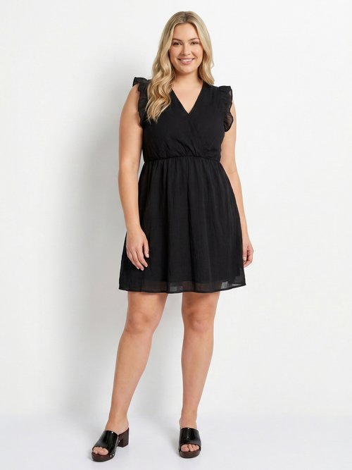 Robe courte volantée col V sans manches Femme Grande Taille Noir MA-438-2378 FA1