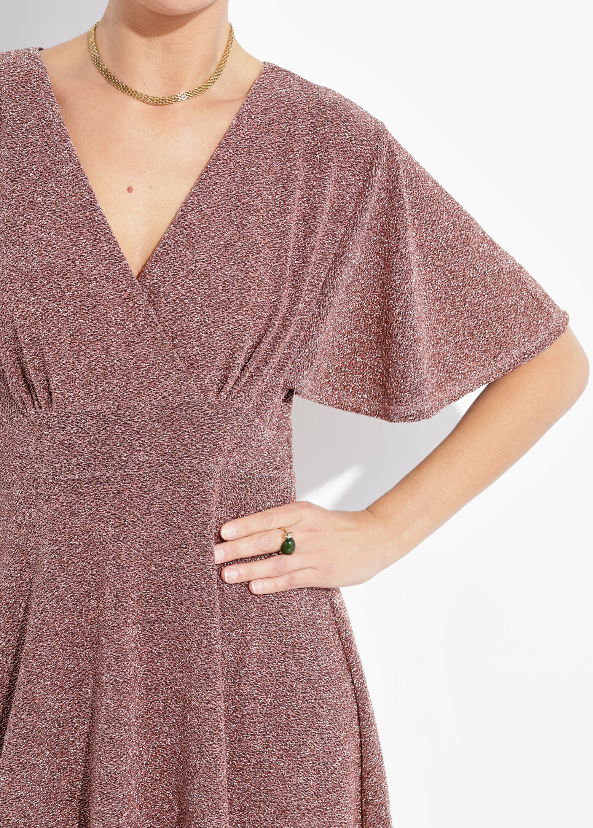 Robe évasée col V maille métallisée Femme Orange FI-HOLIMOUS DE1