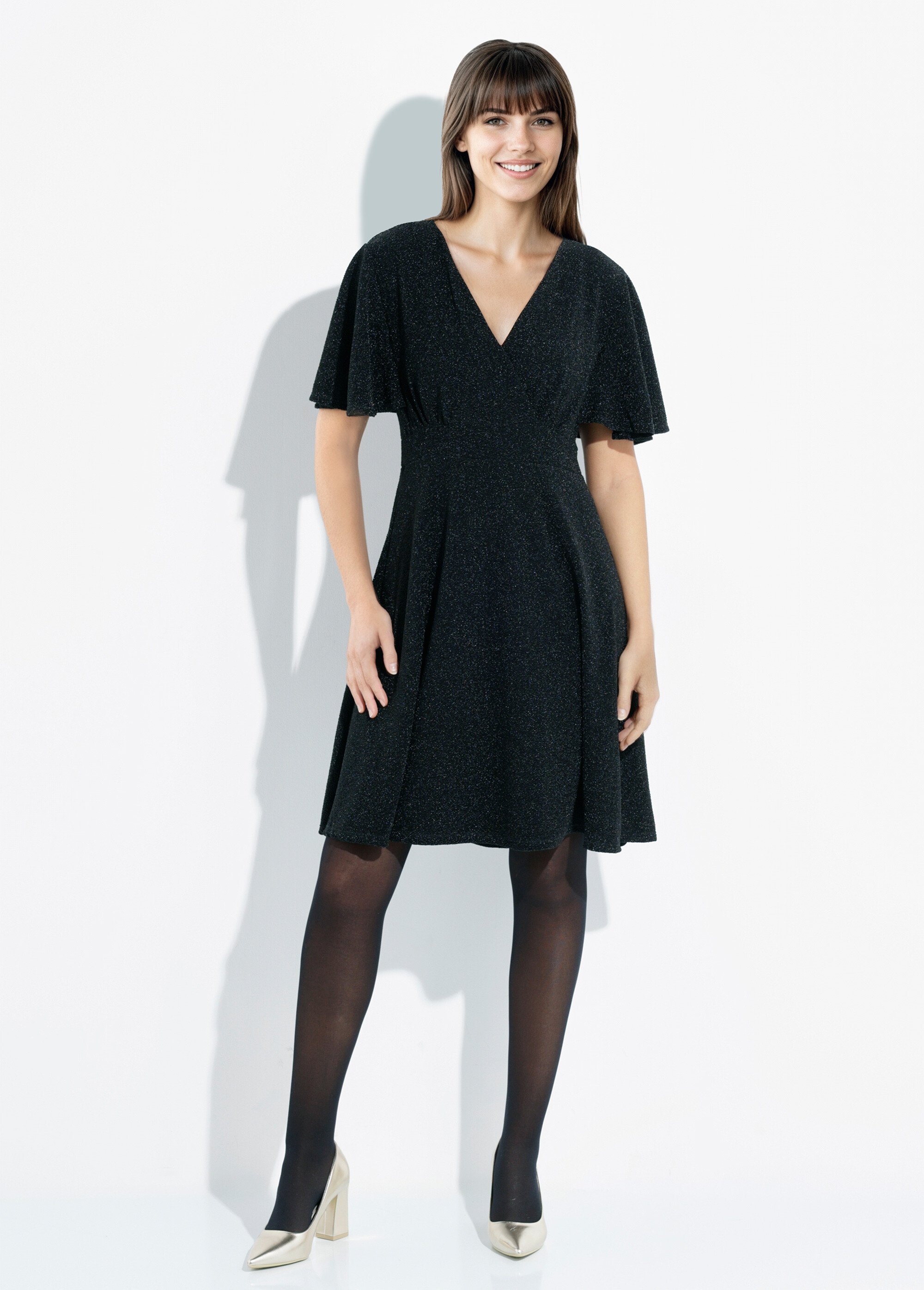 Robe évasée col V maille métallisée Femme Noir FI-HOLIMOUS FA1