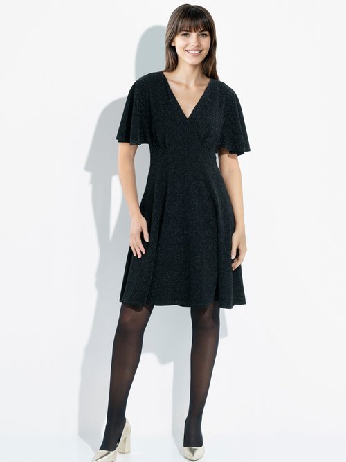 Robe évasée col V maille métallisée Femme Noir FI-HOLIMOUS FA1