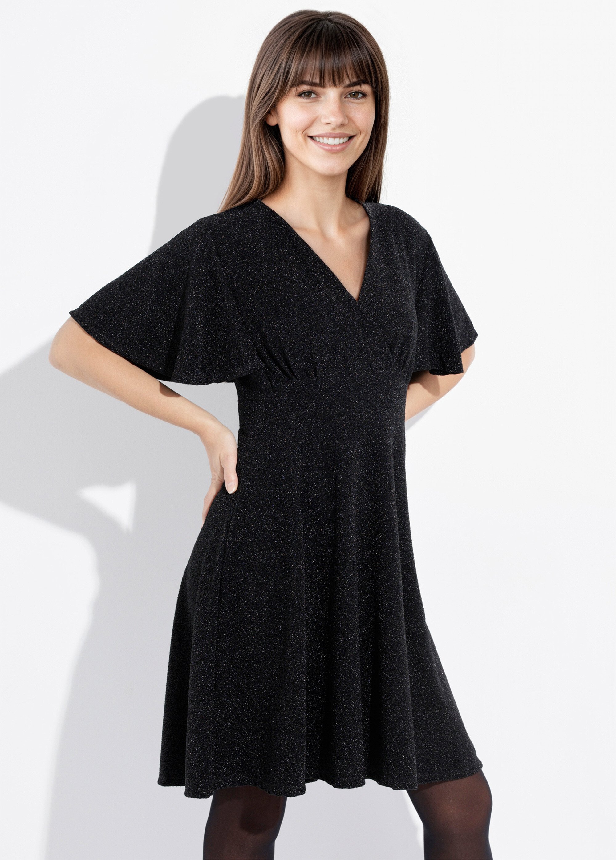 Robe évasée col V maille métallisée Femme Noir FI-HOLIMOUS MV1