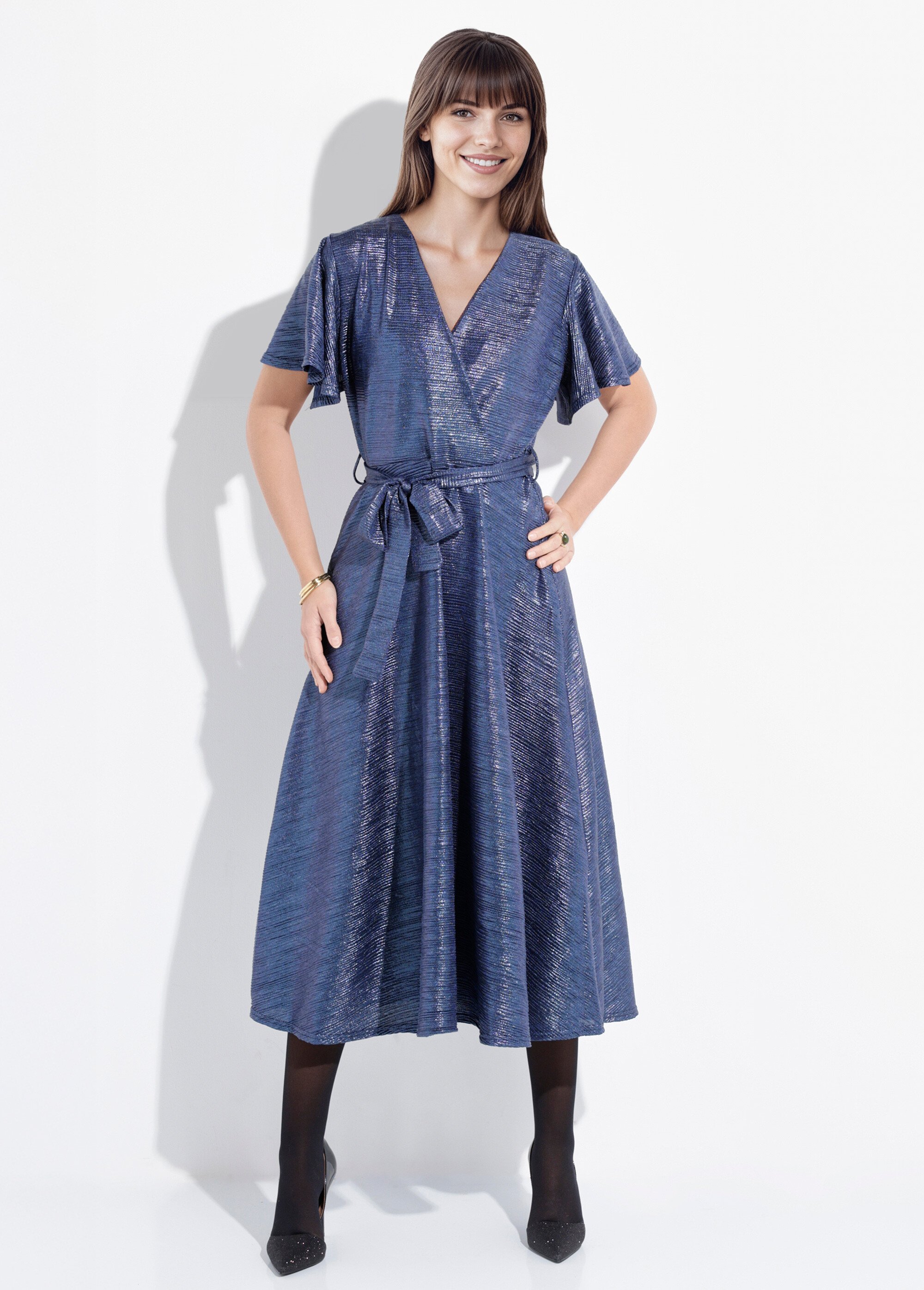 Robe longue brillante, manches papillon Femme Bleu FI-ROBENILAM FA1