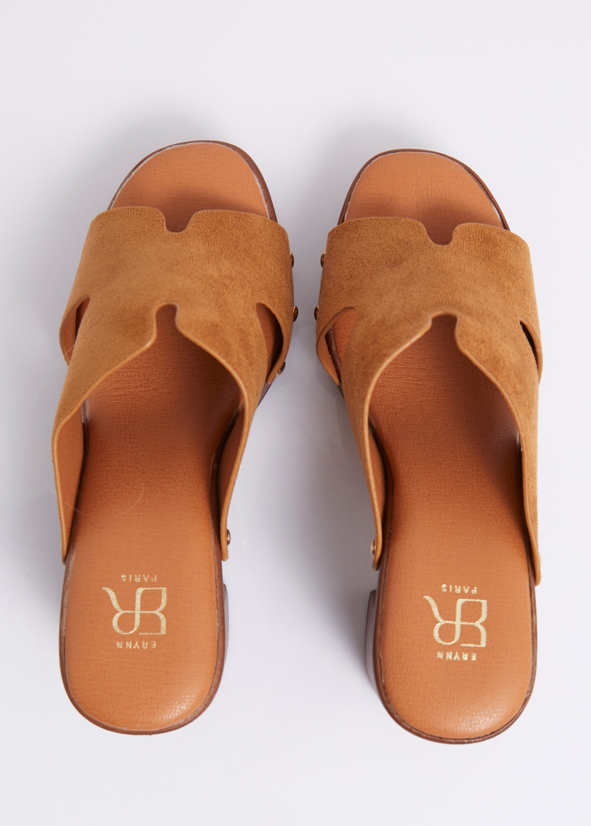 Sabots à talon, dessus suédine cloutés Femme Marron ERYFG-920 OV1