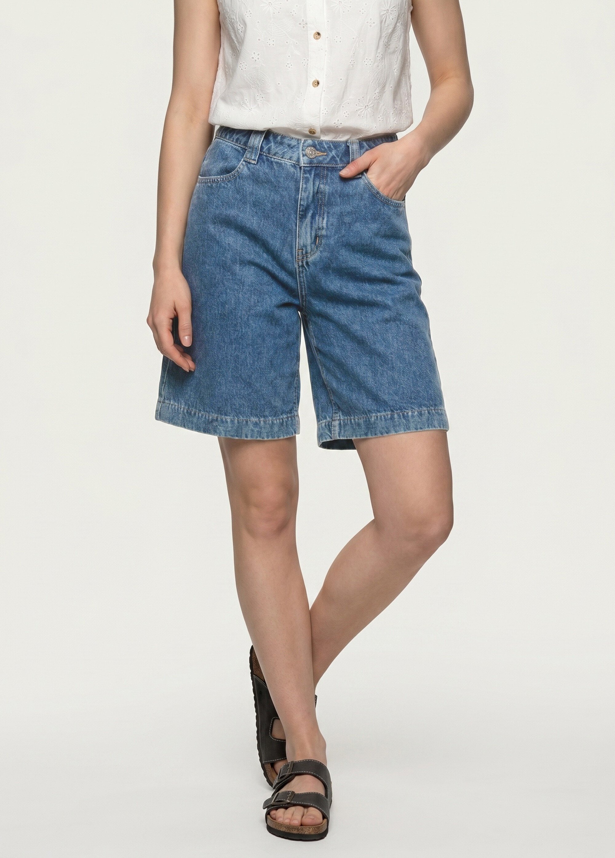 Bermuda femme en denim, coupe trapèze Femme Bleu OR-JD584 FA1