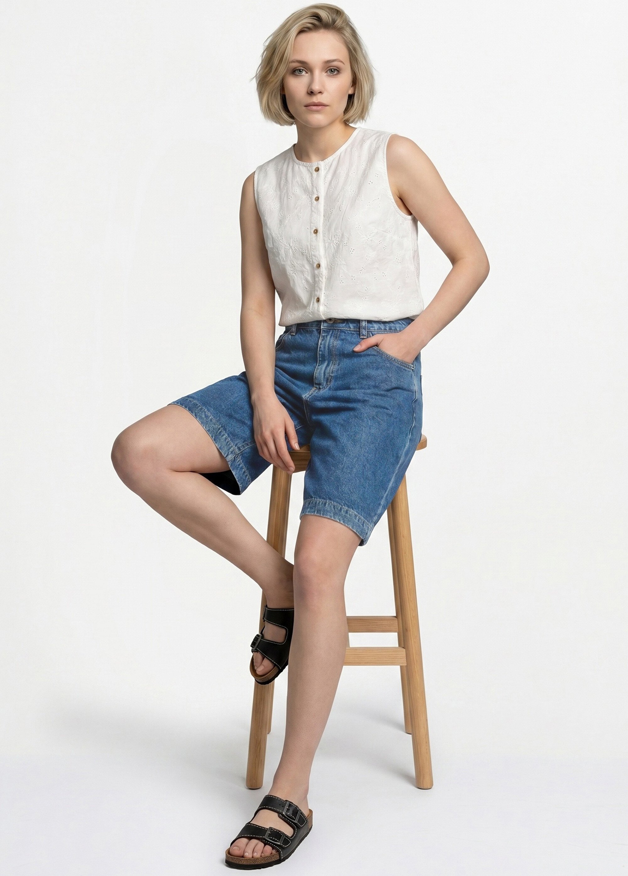 Bermuda femme en denim, coupe trapèze Femme Bleu OR-JD584 MV1