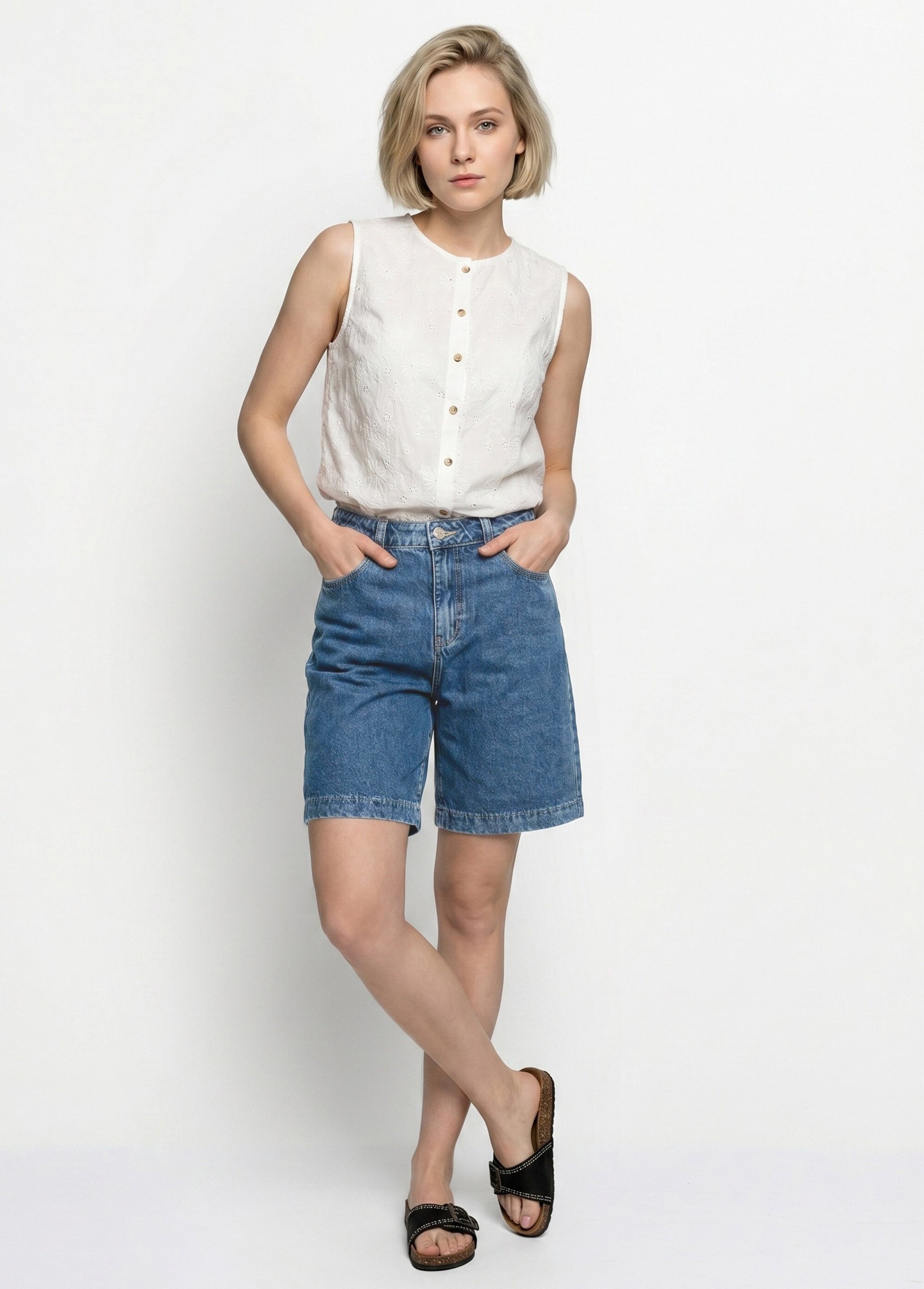 Bermuda femme en denim, coupe trapèze Femme Bleu OR-JD584 SI1