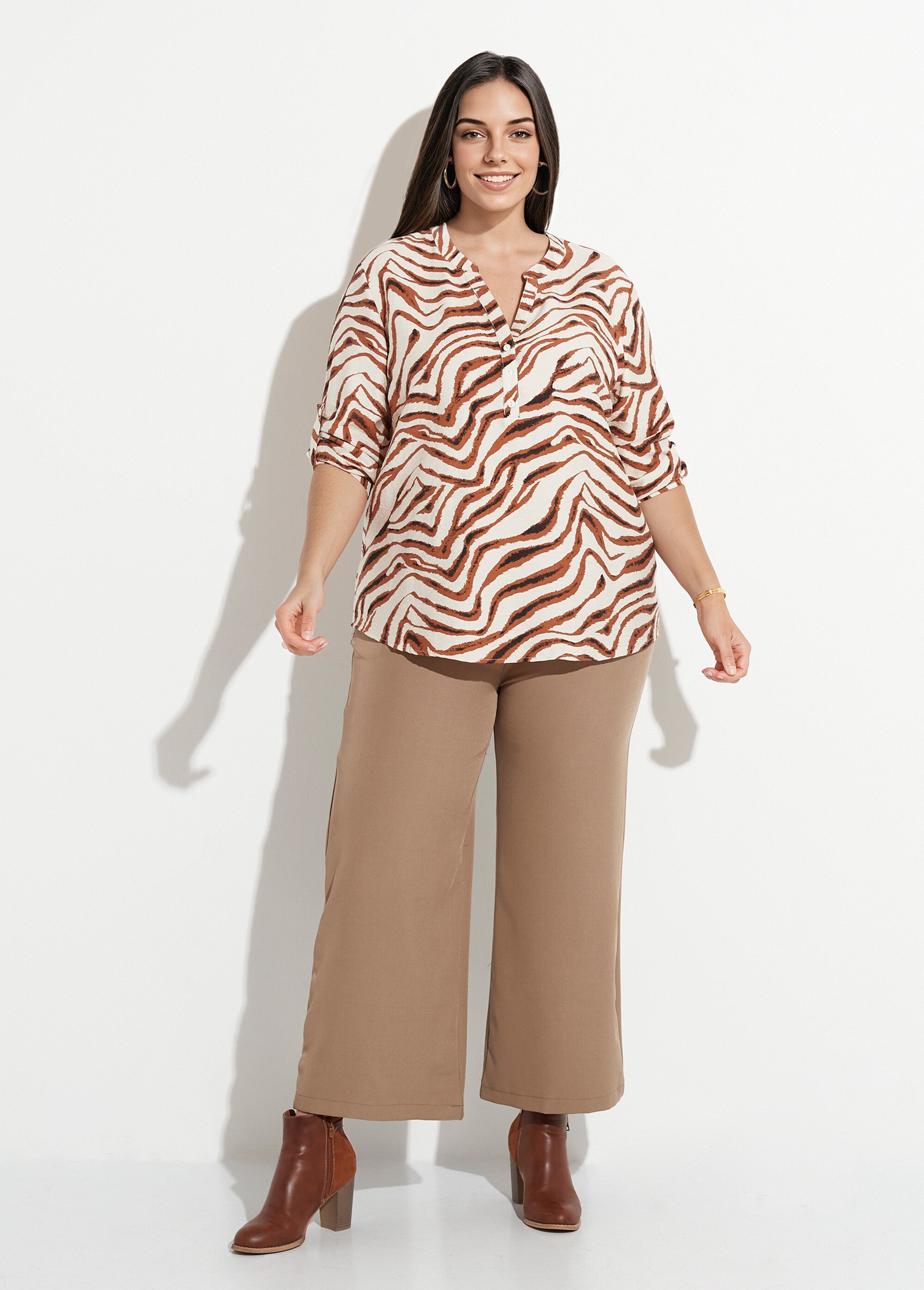 Blouse col V boutonné imprimé animalier Femme Grande Taille Marron CHY-F607 SF1