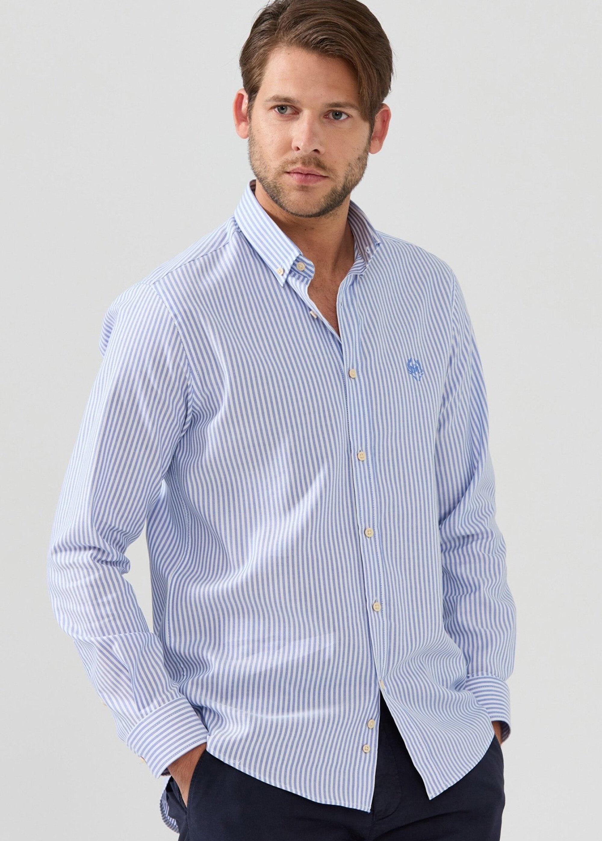 Chemise rayée popeline, col américain Homme Bleu MFKDUMAS MV1