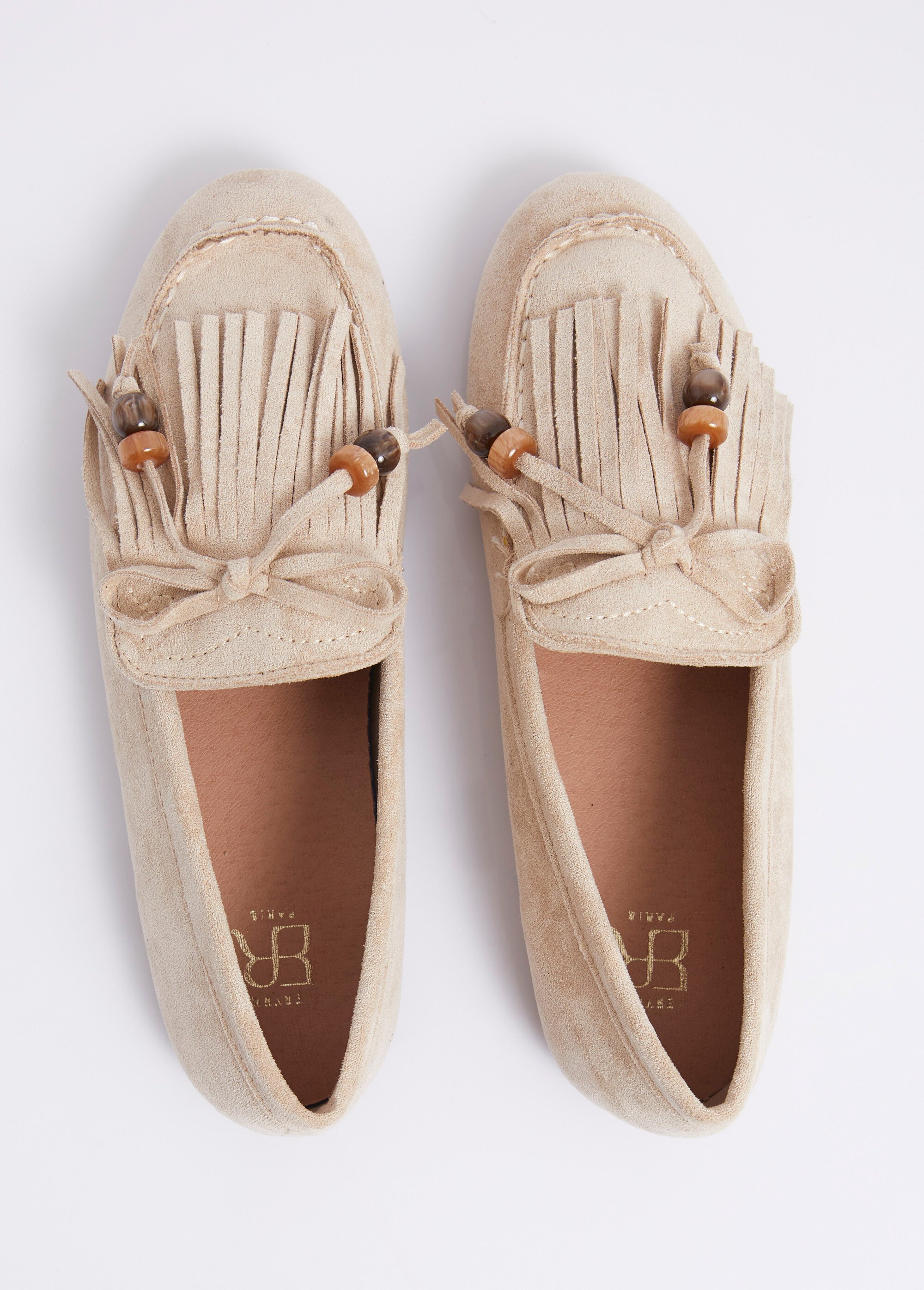 Mocassins plats, avec franges et perles Femme Marron ERY333-340 OV1