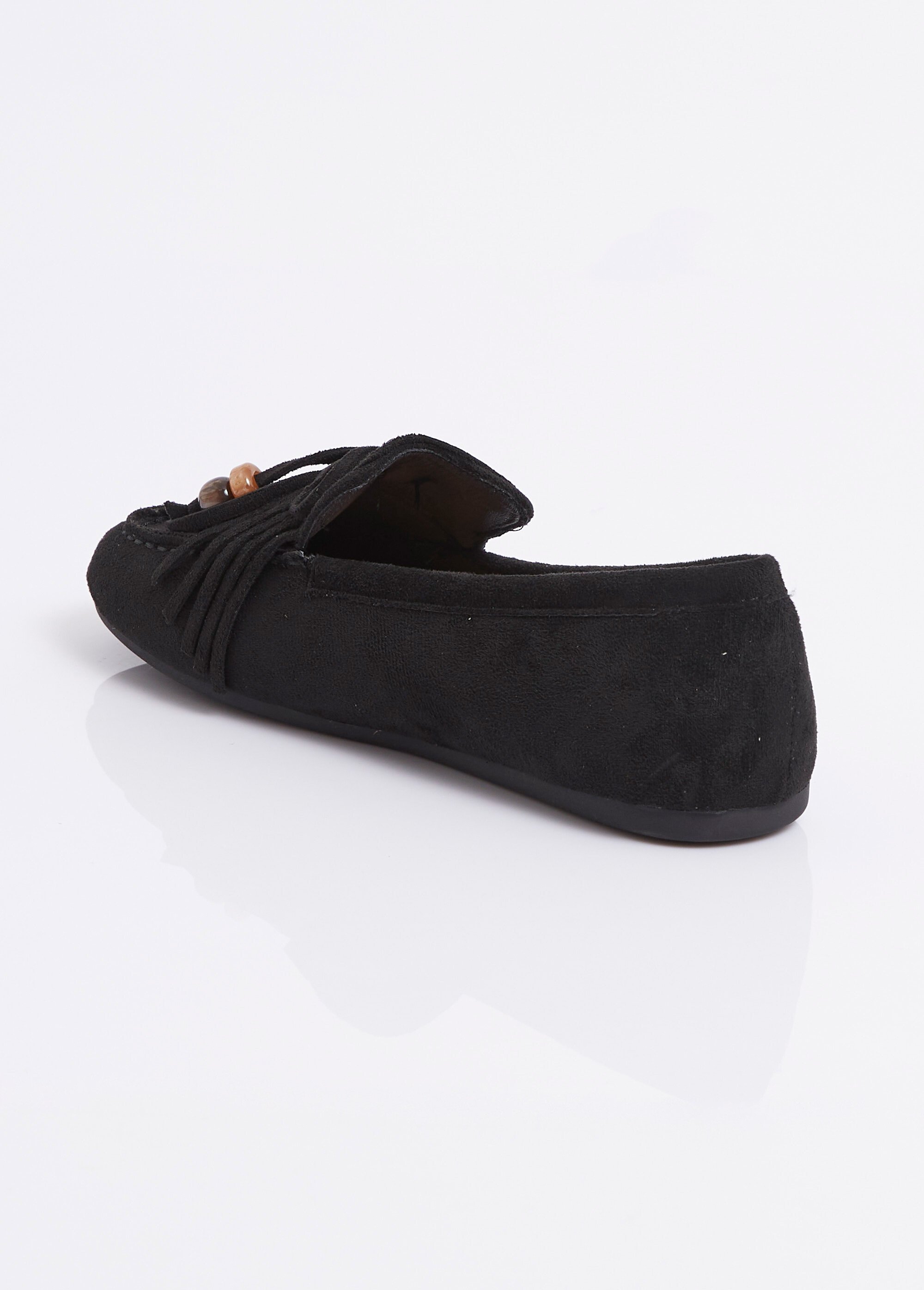 Mocassins plats, avec franges et perles Femme Noir ERY333-340 DO1