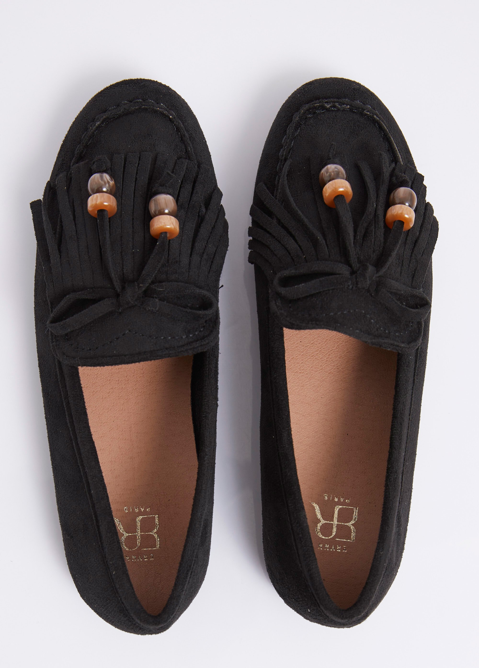 Mocassins plats, avec franges et perles Femme Noir ERY333-340 OV1
