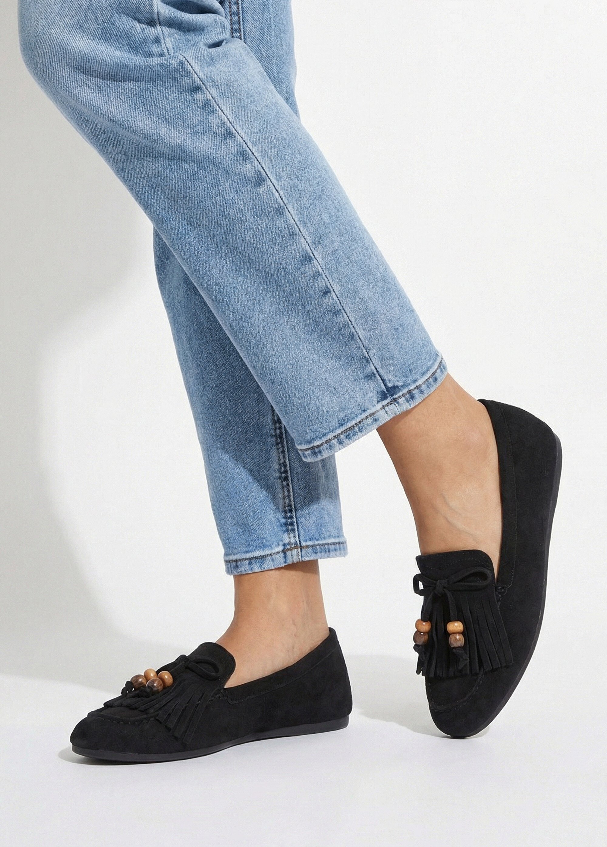 Mocassins plats, avec franges et perles Femme Noir ERY333-340 SI1