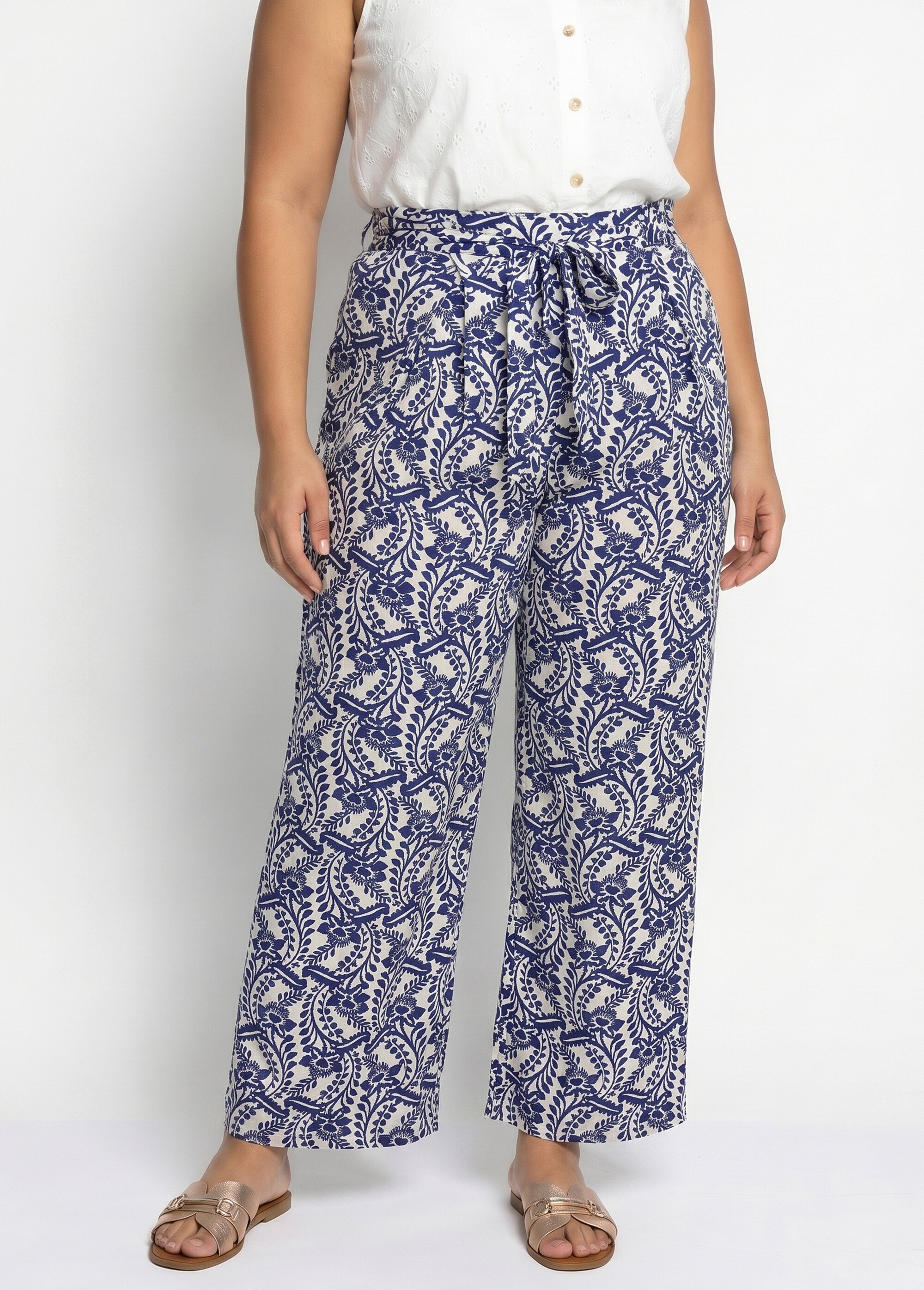 Pantalon large fluide, motif ethnique Femme Grande Taille Bleu MA-718-1710 FA1