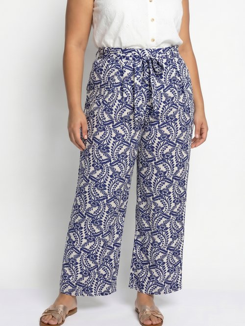 Pantalon large fluide, motif ethnique Femme Grande Taille Bleu MA-718-1710 FA1