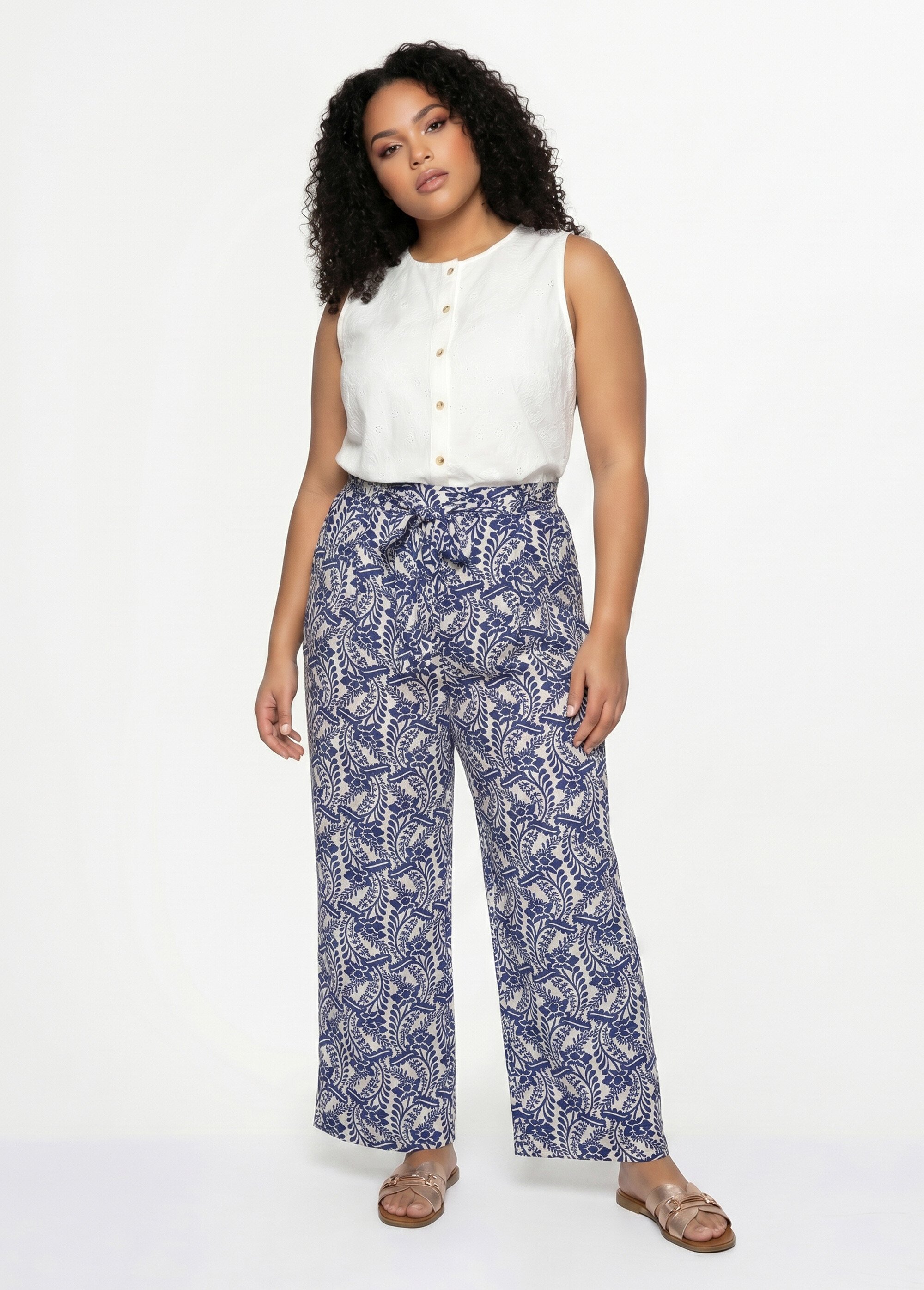 Pantalon large fluide, motif ethnique Femme Grande Taille Bleu MA-718-1710 MV1