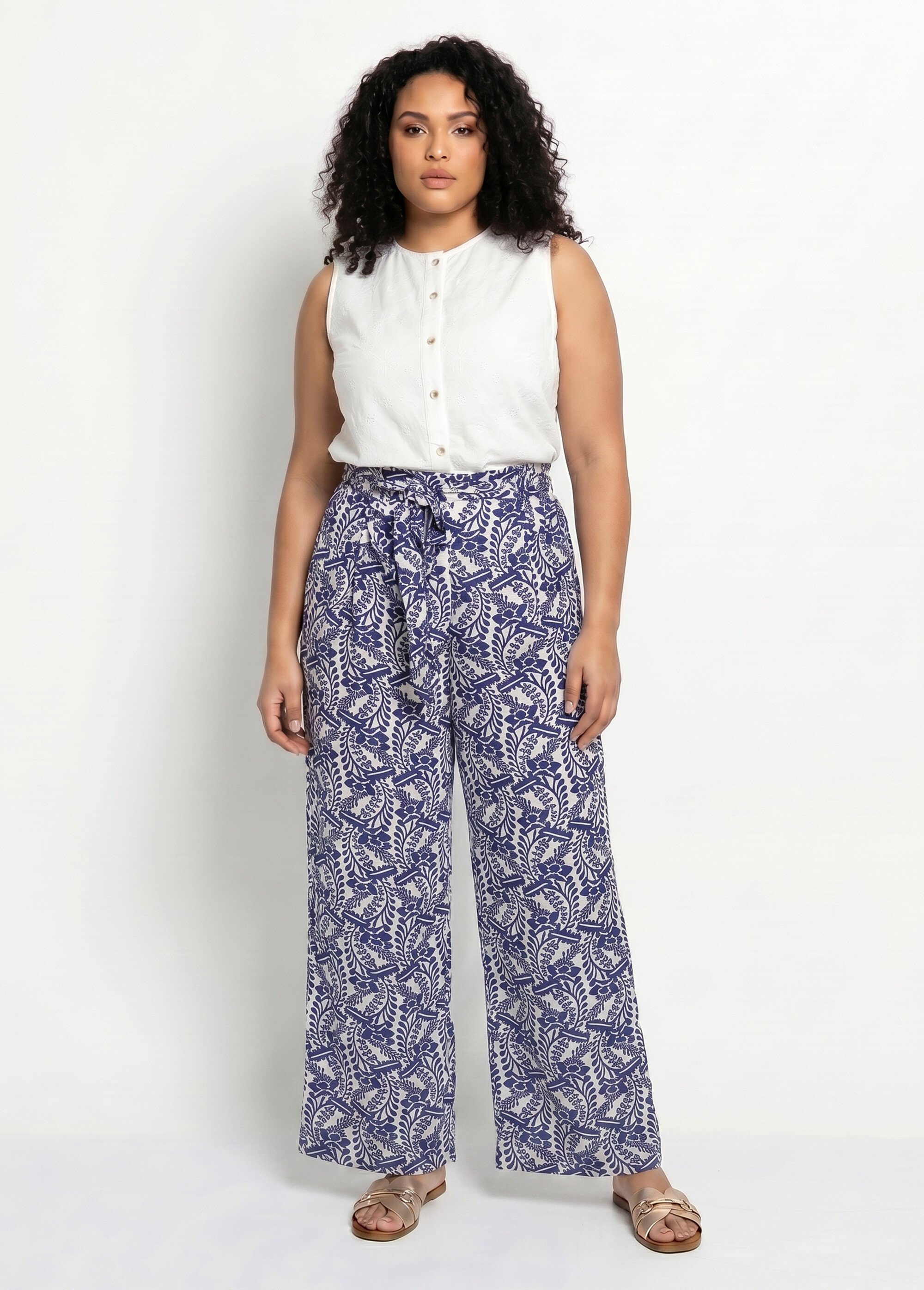Pantalon large fluide, motif ethnique Femme Grande Taille Bleu MA-718-1710 SI1