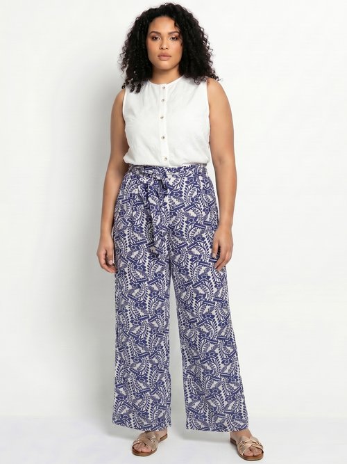 Pantalon large fluide, motif ethnique Femme Grande Taille Bleu MA-718-1710 SI1
