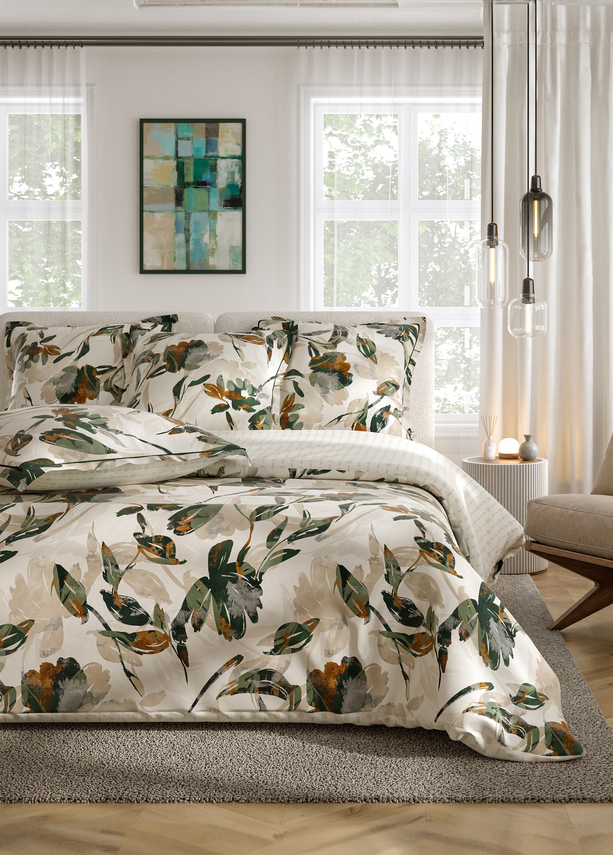 Parure de lit 4 pièces percale avec drap plat, aquarelle