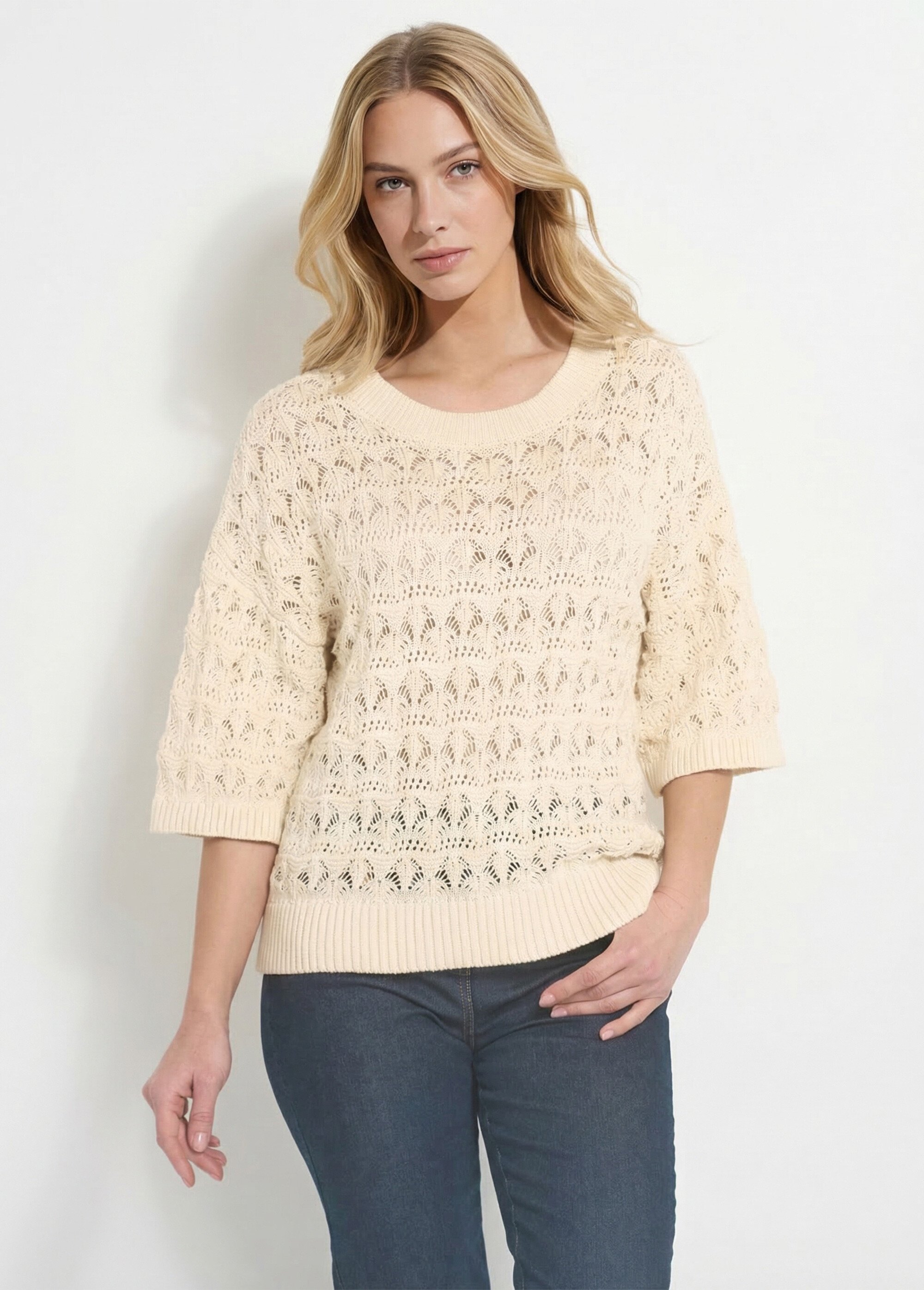 Pull manches courtes en maille ajourée Femme Beige ANG-LEVENUSIA FA1