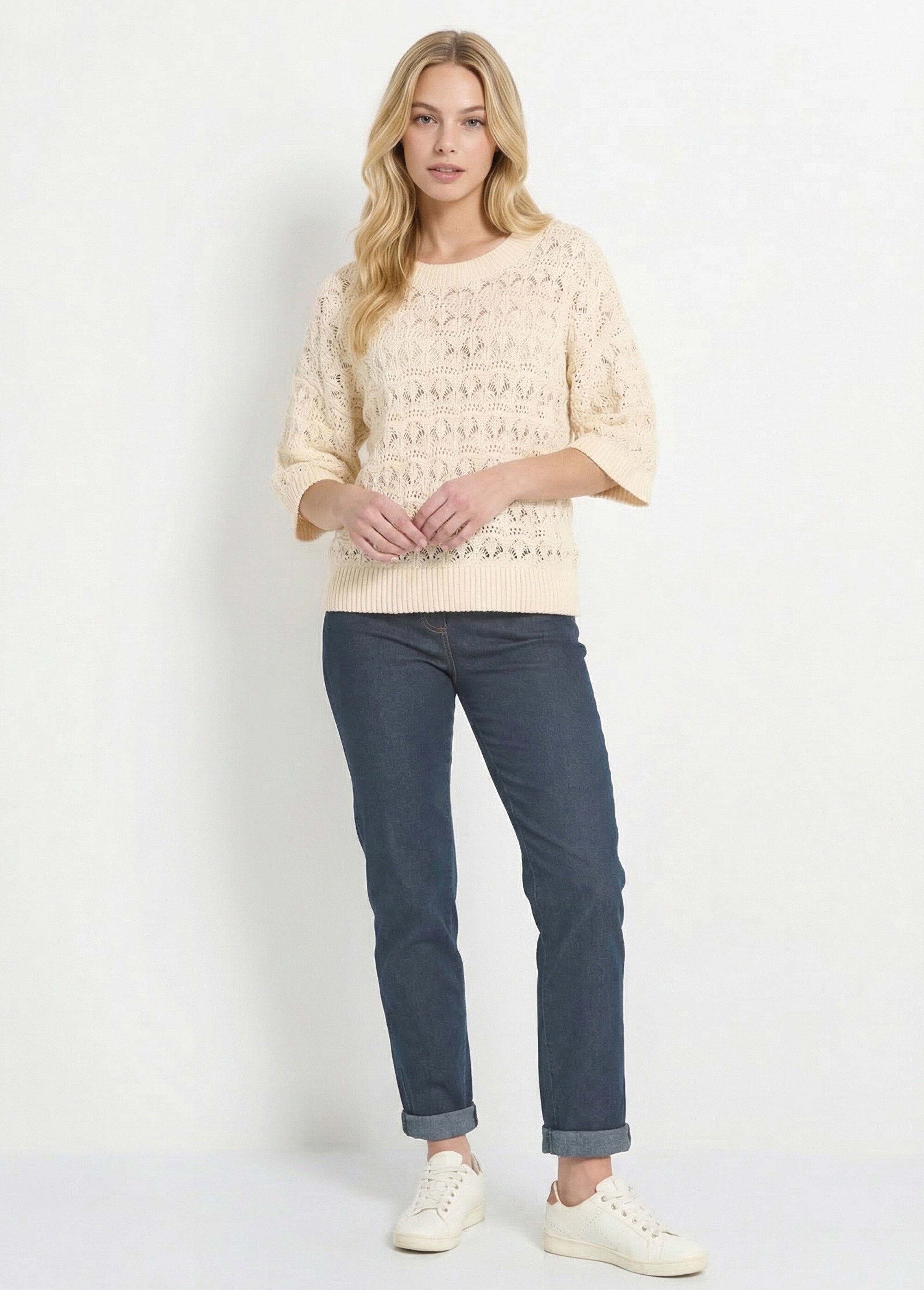Pull manches courtes en maille ajourée Femme Beige ANG-LEVENUSIA SI1
