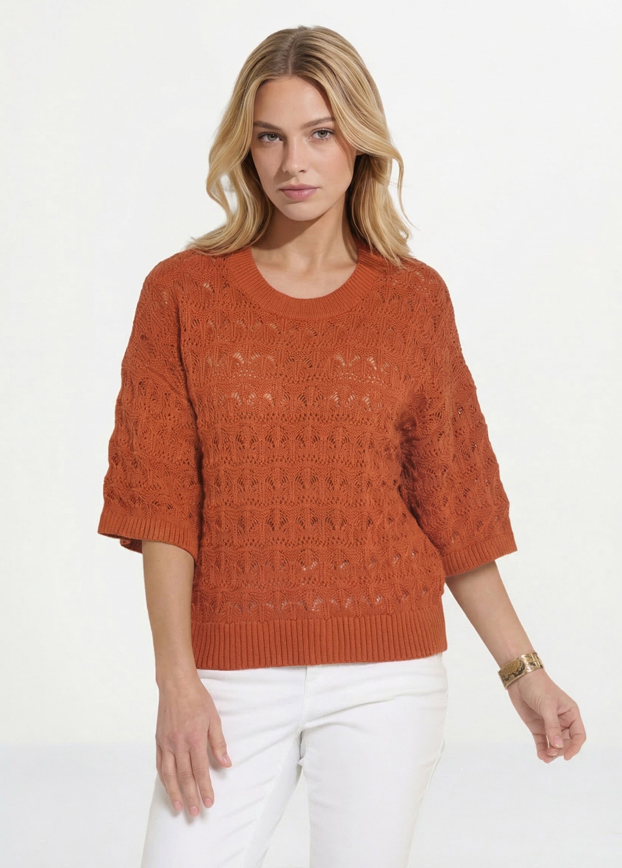 Pull manches courtes en maille ajourée Femme Rouge ANG-LEVENUSIA FA1
