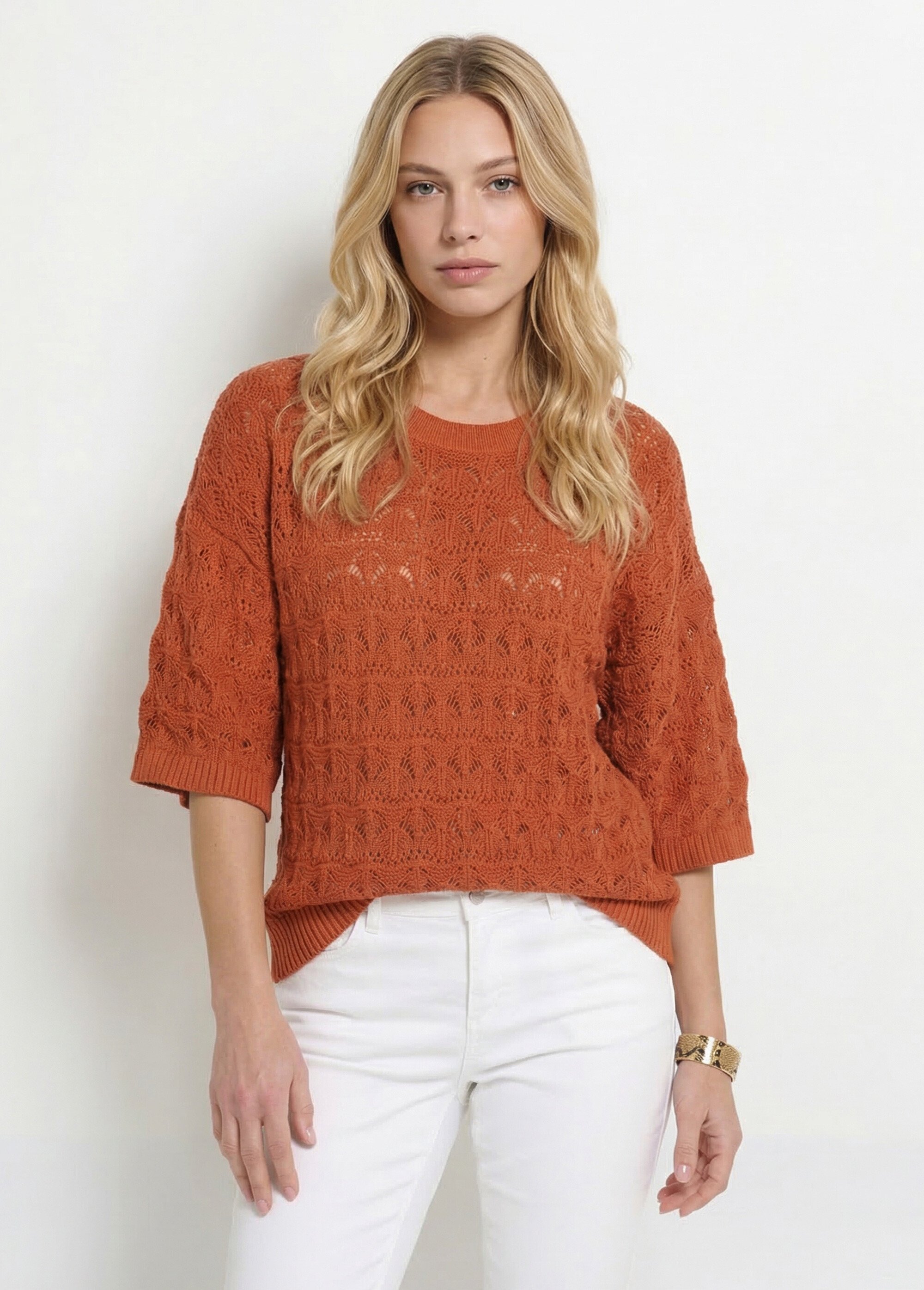 Pull manches courtes en maille ajourée Femme Rouge ANG-LEVENUSIA FA2