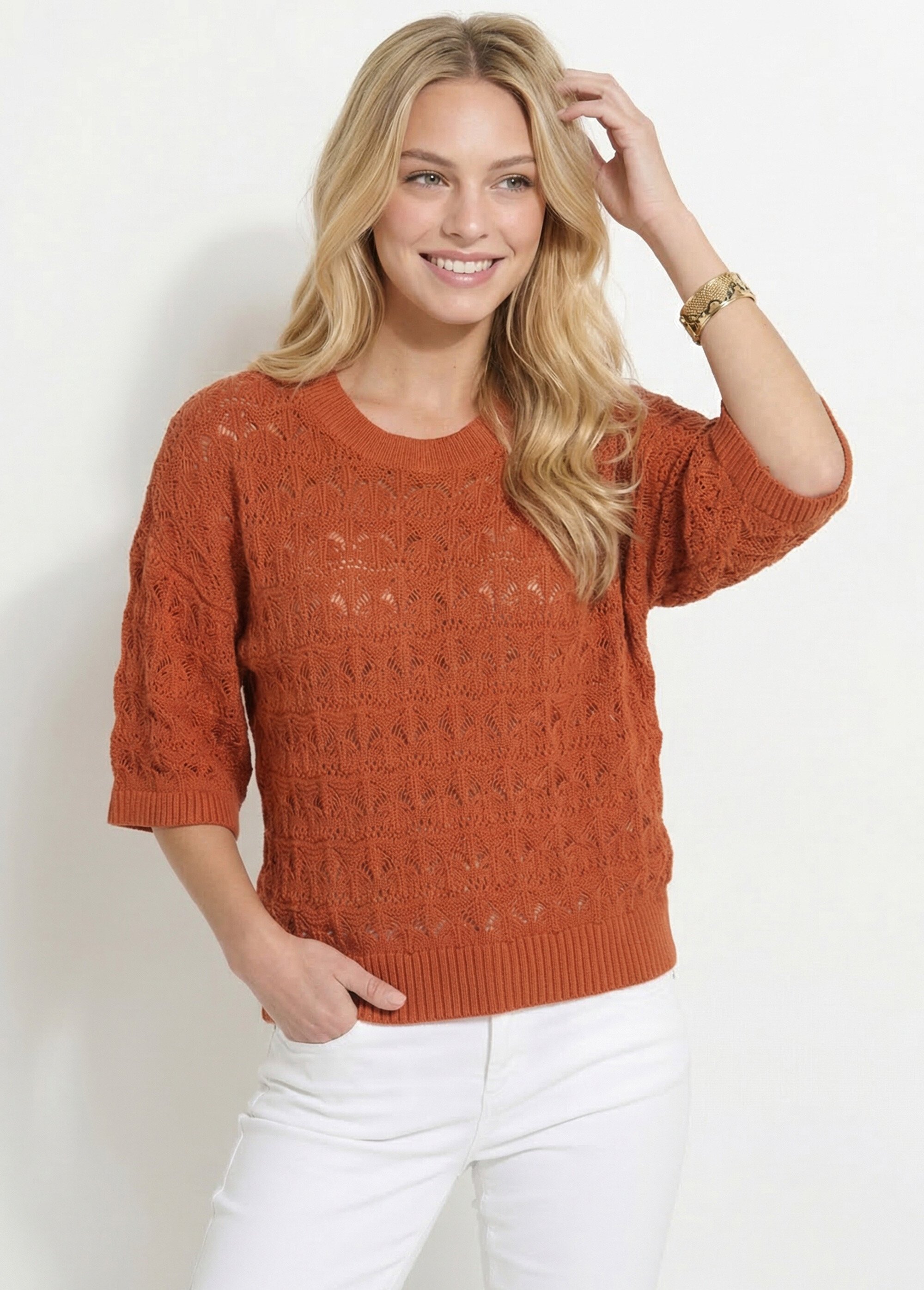 Pull manches courtes en maille ajourée Femme Rouge ANG-LEVENUSIA MV1
