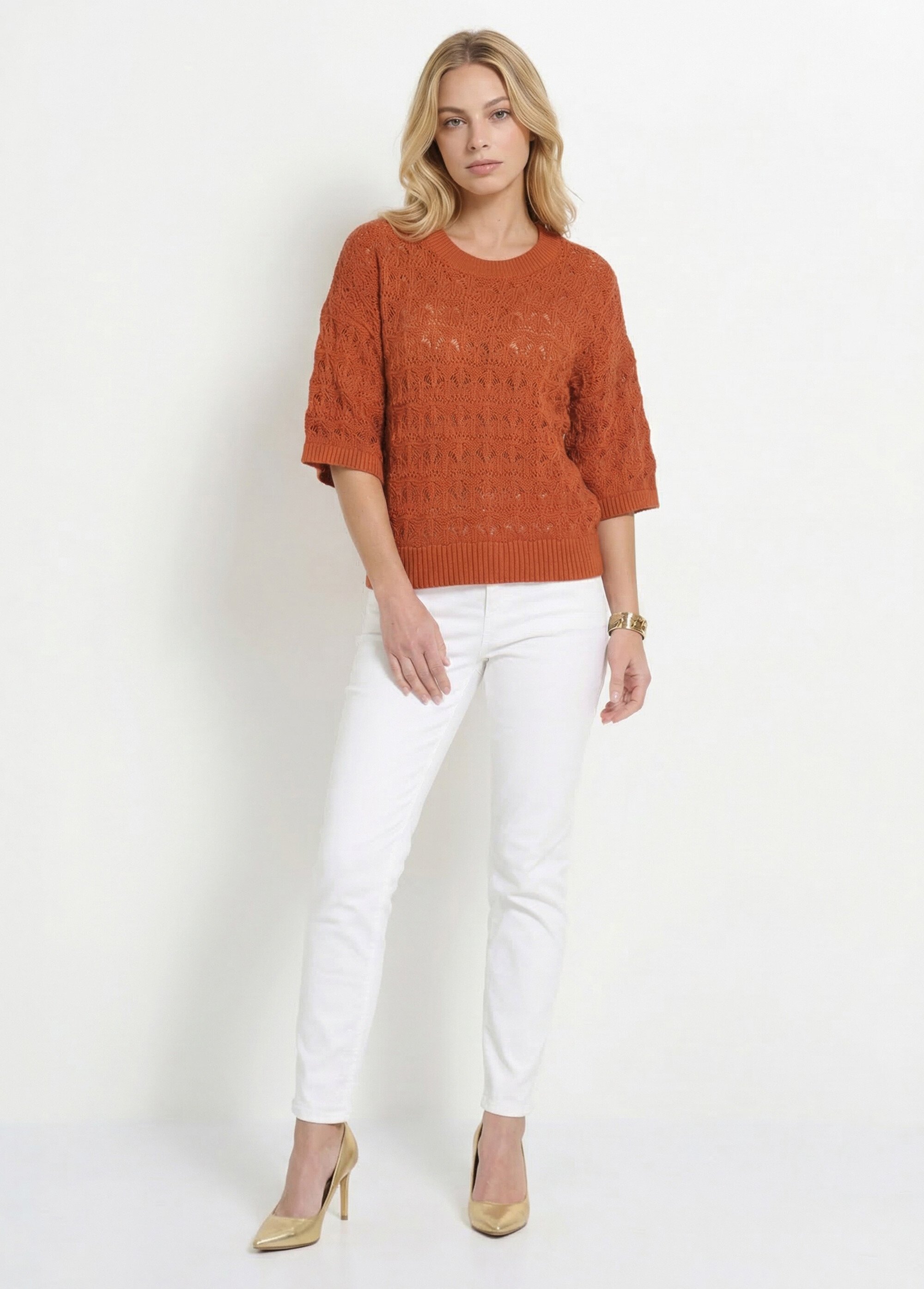 Pull manches courtes en maille ajourée Femme Rouge ANG-LEVENUSIA SI1