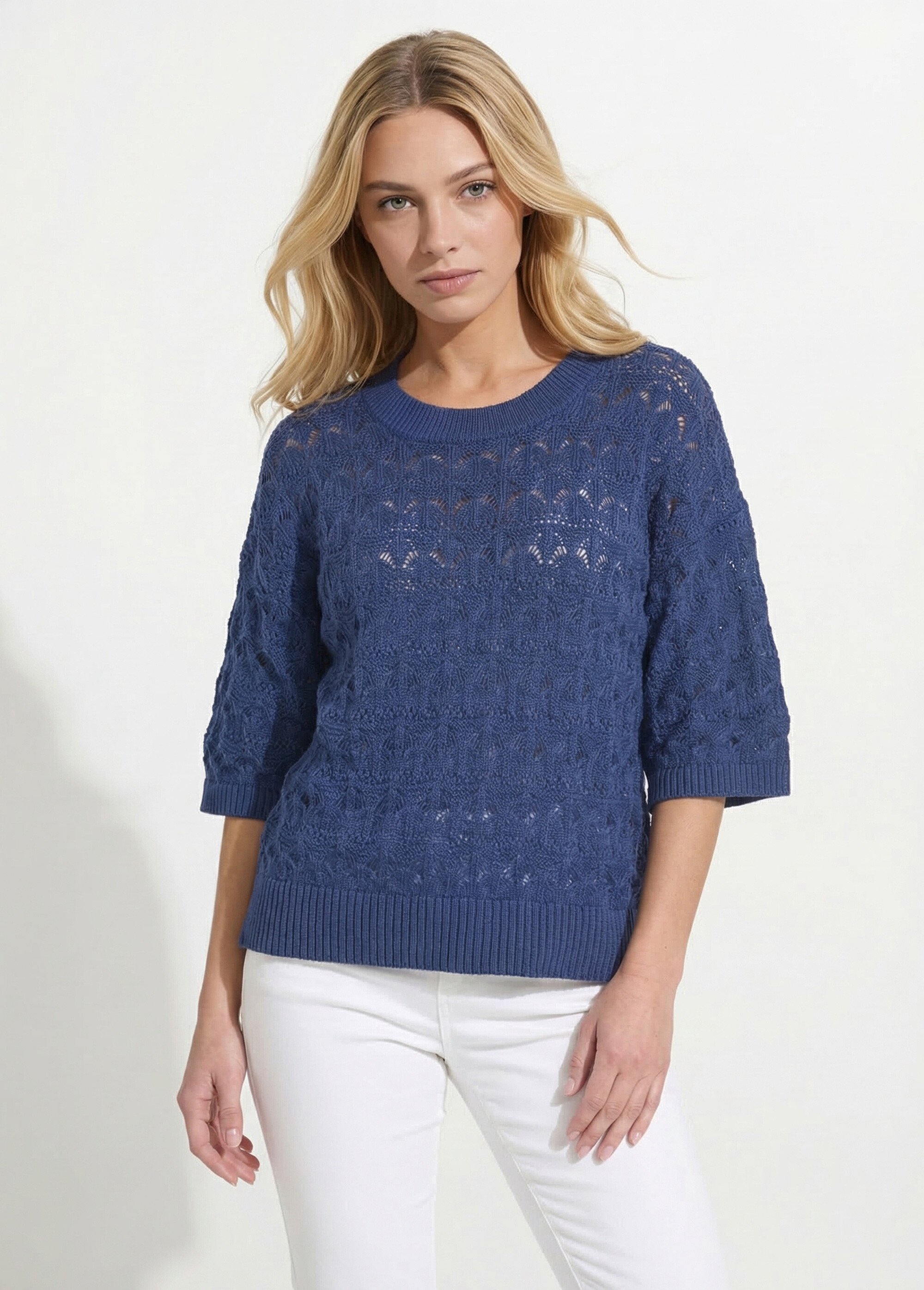 Pull manches courtes en maille ajourée Femme Bleu ANG-LEVENUSIA FA1