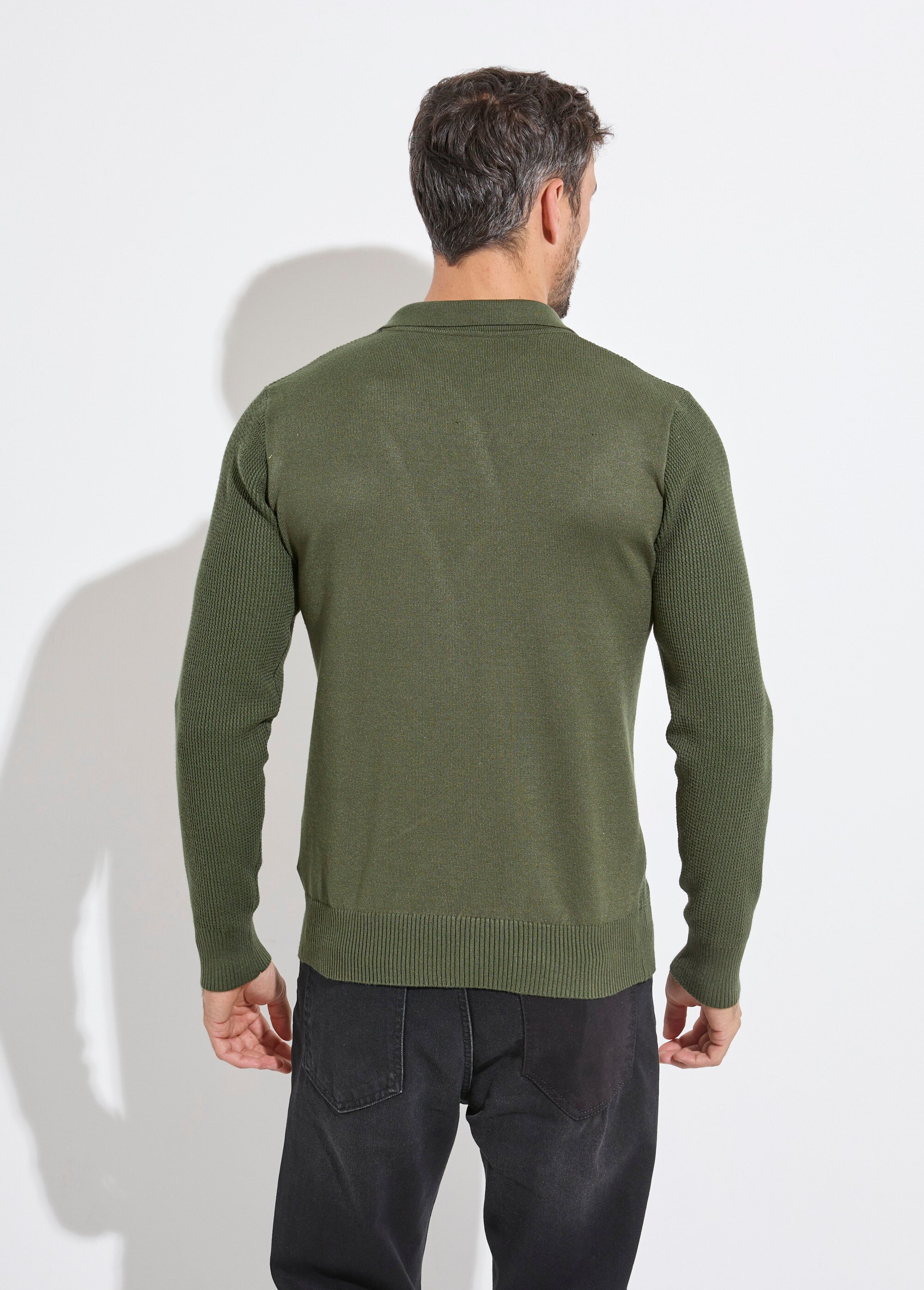 Pull ajusté col polo, manches longues Homme Vert MENCHL90635 DO1