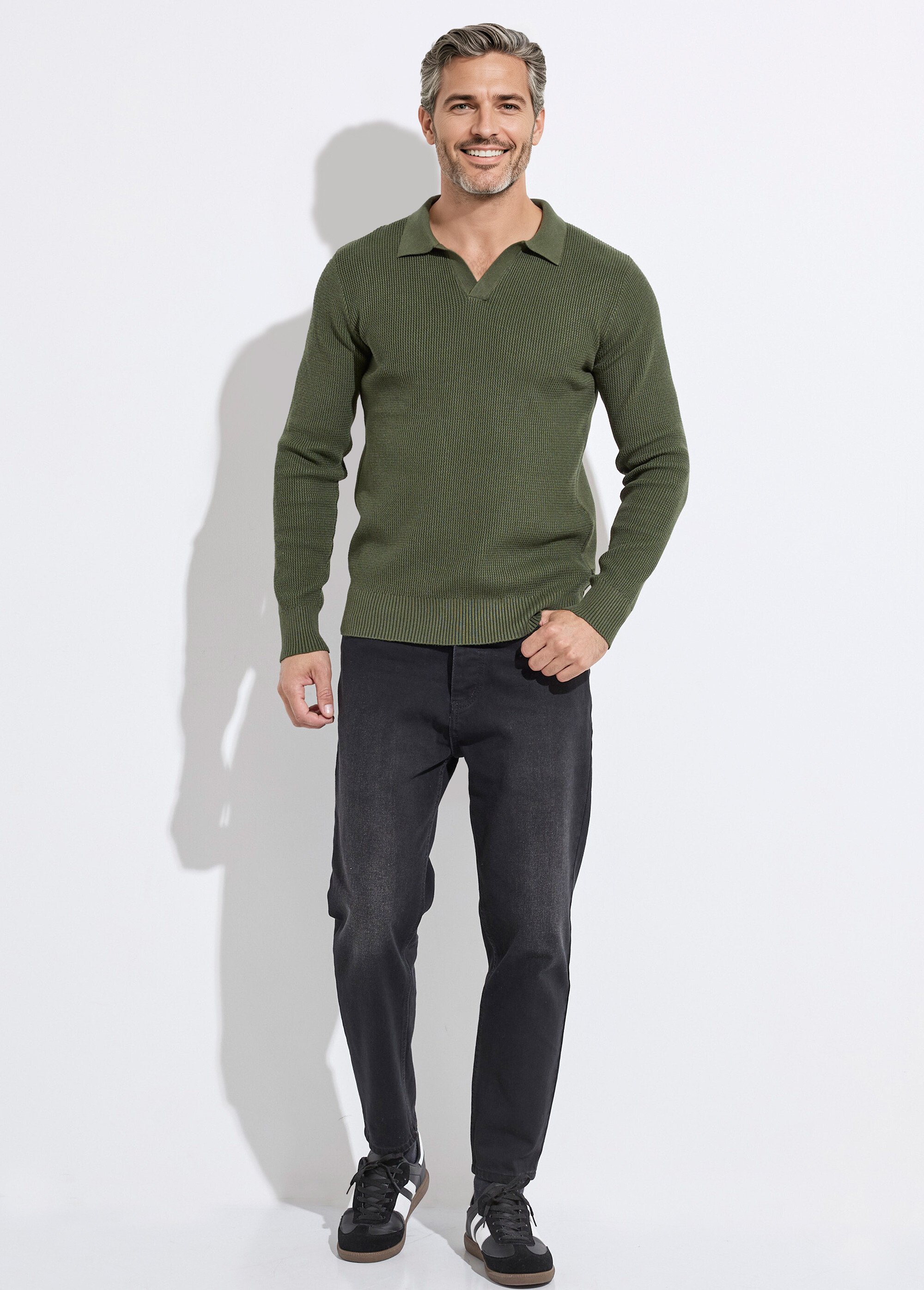 Pull ajusté col polo, manches longues Homme Vert MENCHL90635 SF1