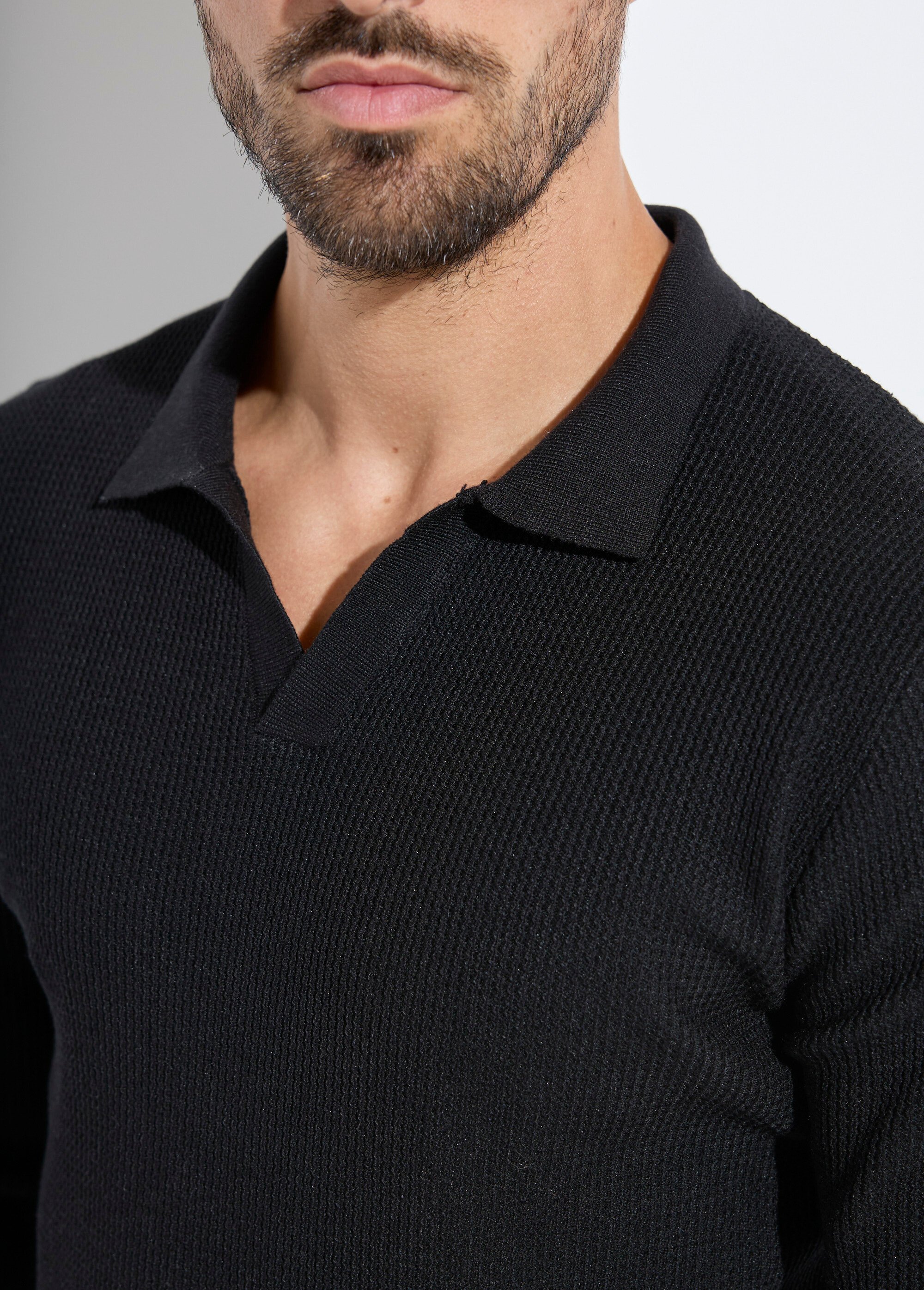 Pull ajusté col polo, manches longues Homme Noir MENCHL90635 DE1