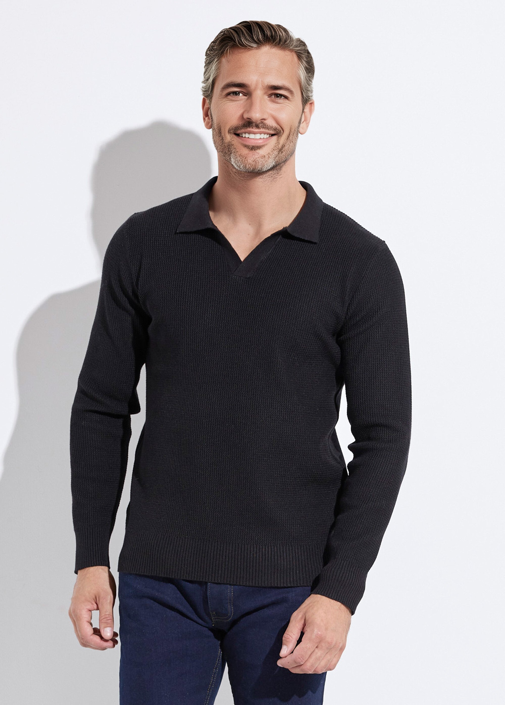 Pull ajusté col polo, manches longues Homme Noir MENCHL90635 FA1