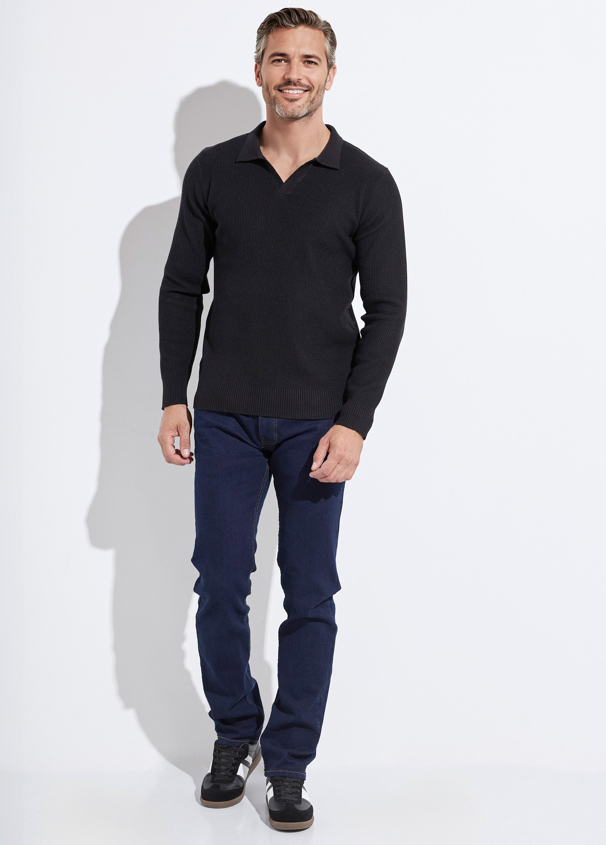 Pull ajusté col polo, manches longues Homme Noir MENCHL90635 SF1