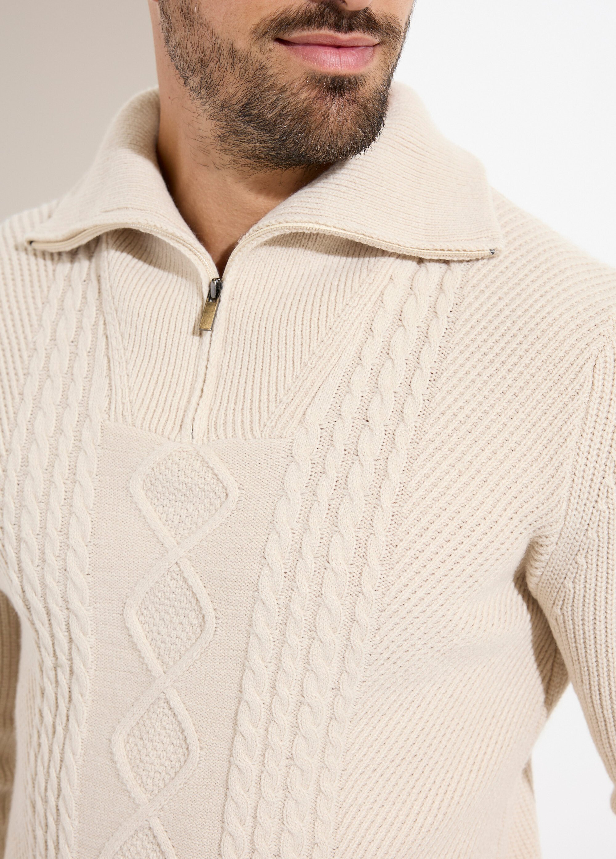 Pull col camionneur irlandais en laine Homme Beige MENW4-58111 DE1